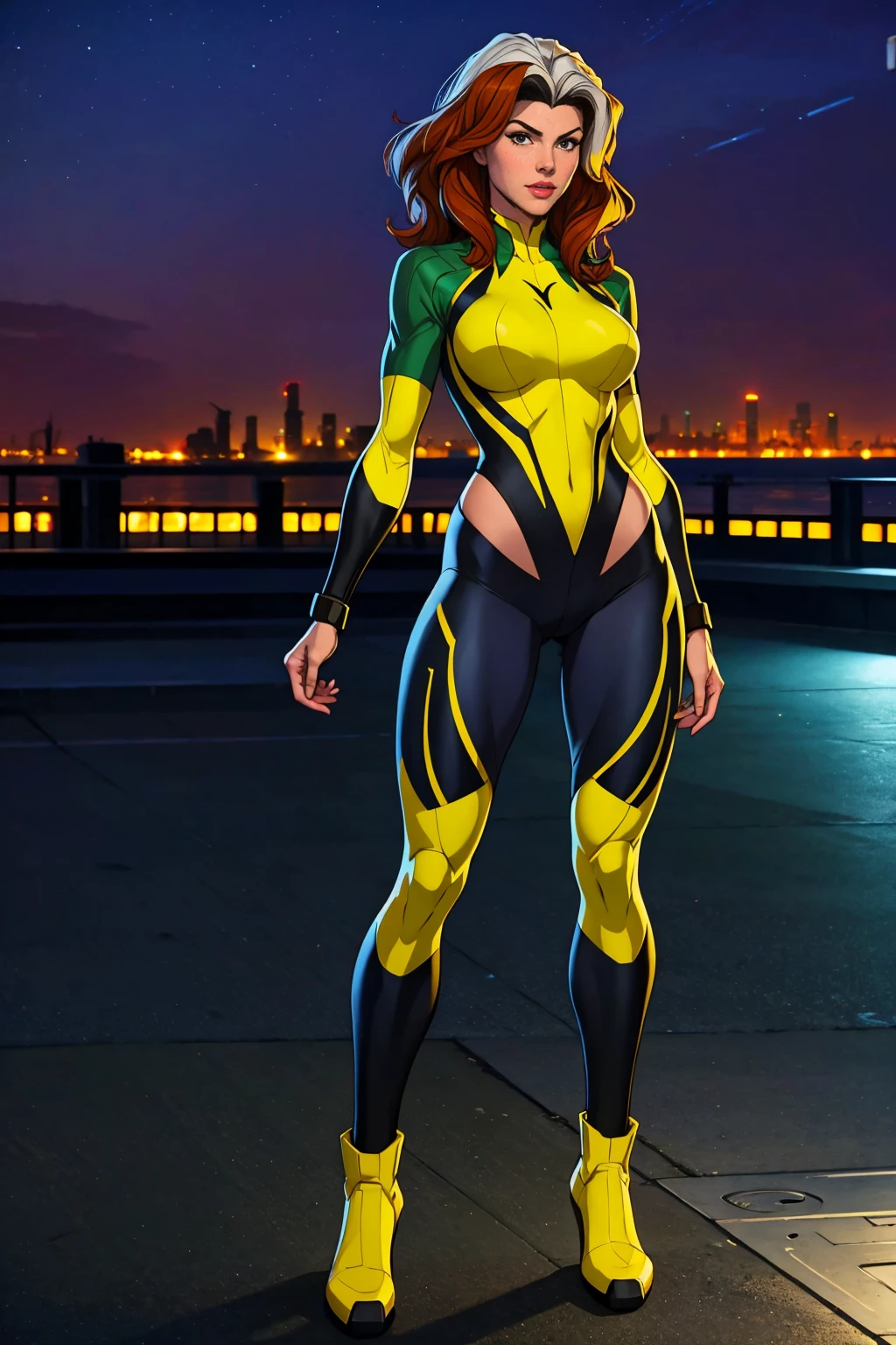 ((Full body shot, standing, feet on the ground)) Rogue, X-Men, Alison Tyler (best quality, 4k, 8k, high resolution, cyclist body, masterpiece: 1.2), ultra-detailed, (realistic, photorealistic, photorealistic: 1.37), full body photo, yellow high boots, voluminous hair, beauty pose, standing, show feet, outside, city roof at night, green bandana
