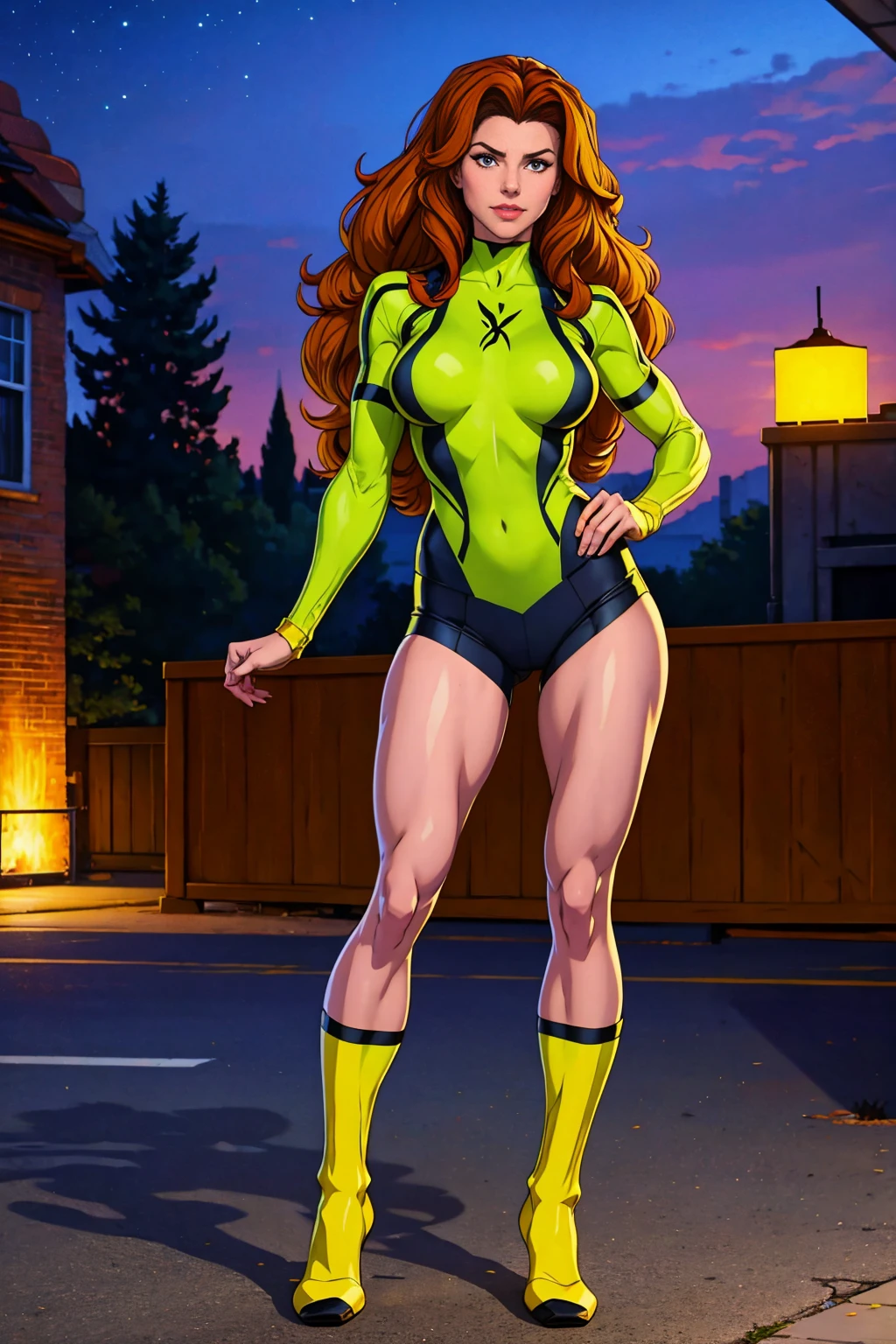 ((Full body shot, standing, feet on the ground)) Rogue, X-Men, Alison Tyler (best quality, 4k, 8k, high resolution, cyclist body, masterpiece: 1.2), ultra-detailed, (realistic, photorealistic, photorealistic: 1.37), full body photo, yellow high boots, voluminous hair, beauty pose, standing, show feet, outside, city roof at night, green bandana
