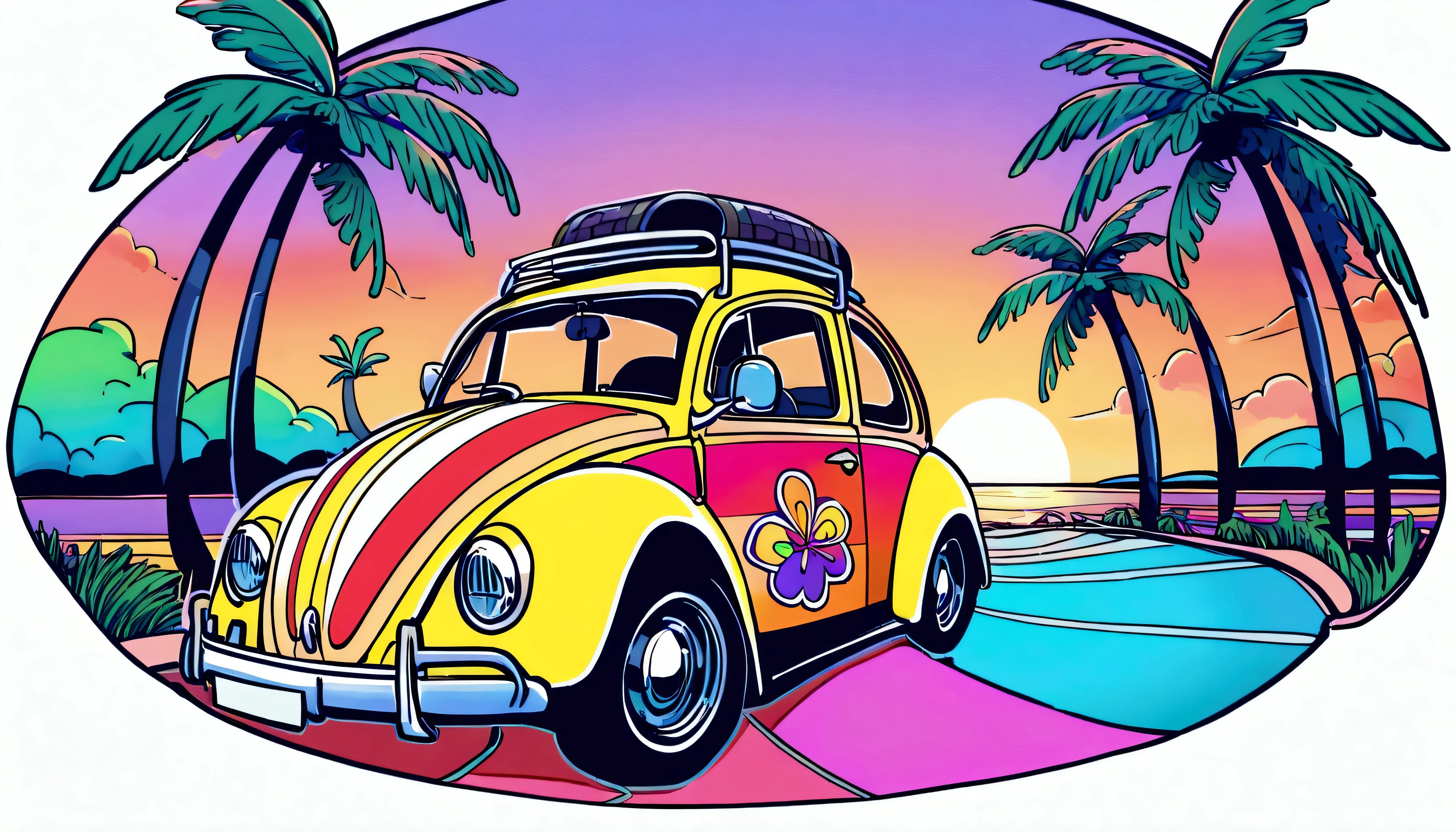 ((Sticker design)), Volkswagen Type 1 beetle, Sunset background, Palm tree, Layers with 5 colors, Corner Street, Belek's Drums, Plethean,