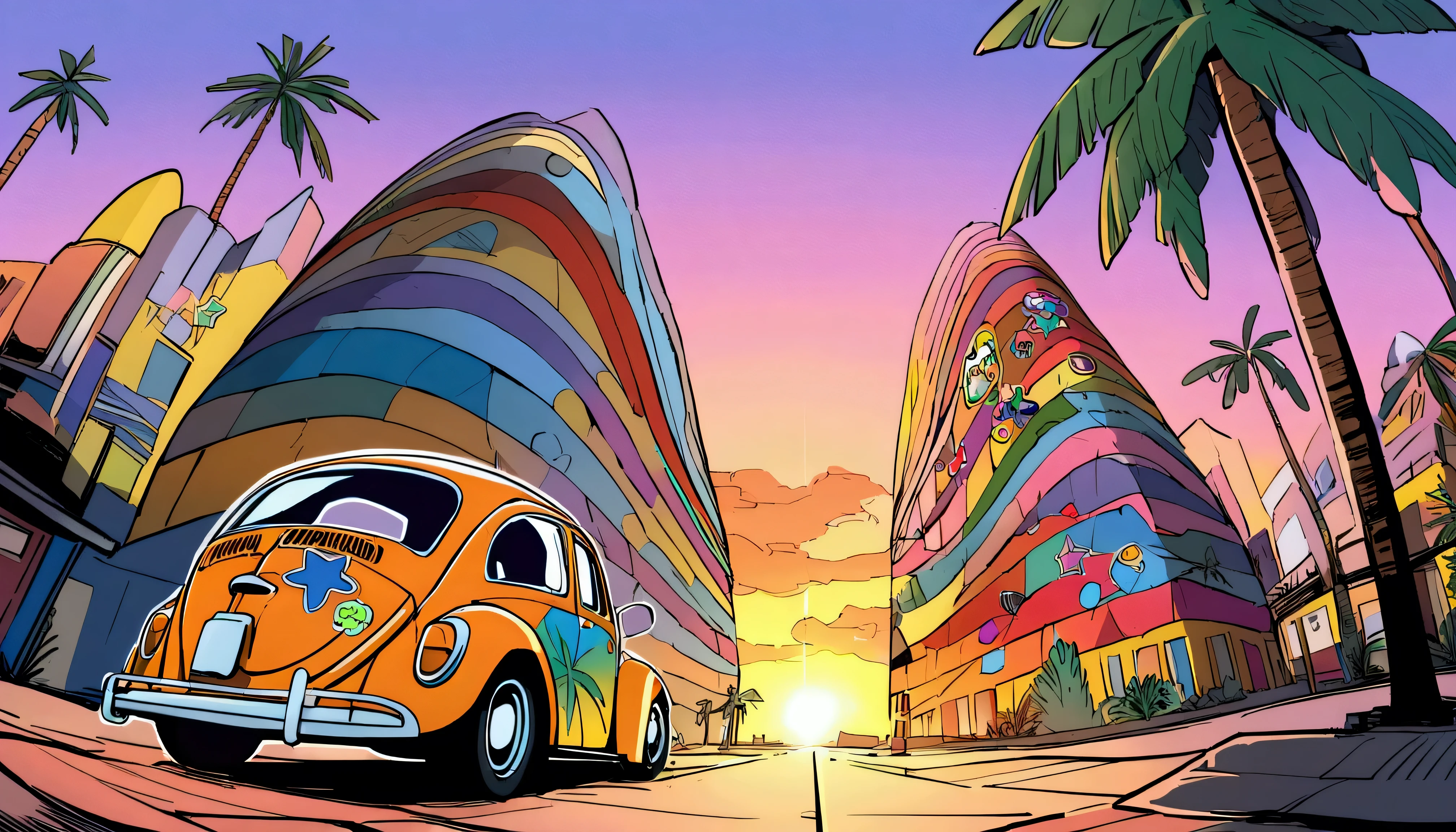 ((Sticker design)), Volkswagen Type 1　beetle, Sunset background, Palm tree, Layers with 5 colors, Corner Street, Belek&#39;s Drums, Plethean, 
