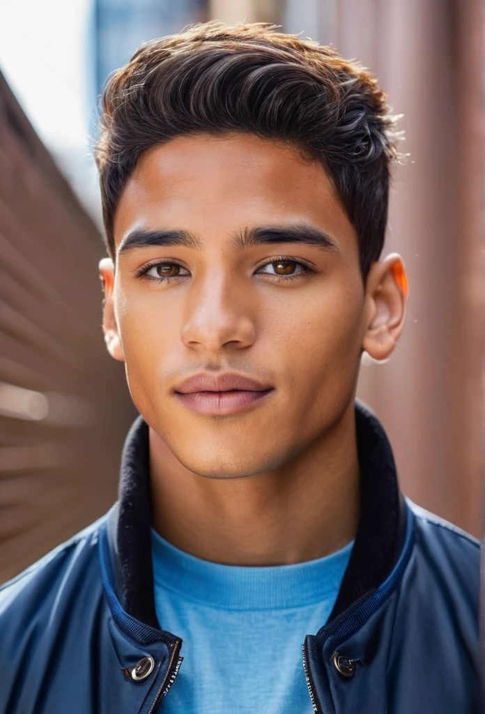 mixed race man, clear skin, clear brown eyes,handsome, high quality, with short hair, wearing a blue shirt with long sleeves and a black jacket