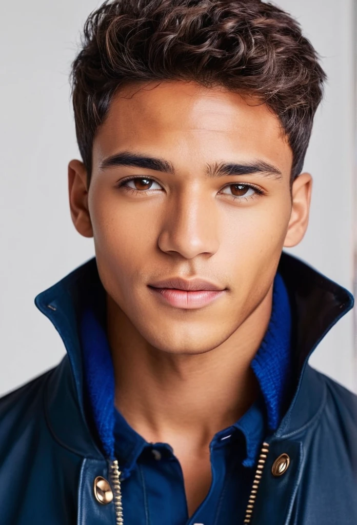 mixed race man, clear skin,  clear brown eyes,handsome, high quality, with short hair, wearing a blue shirt with long sleeves and a black jacket 