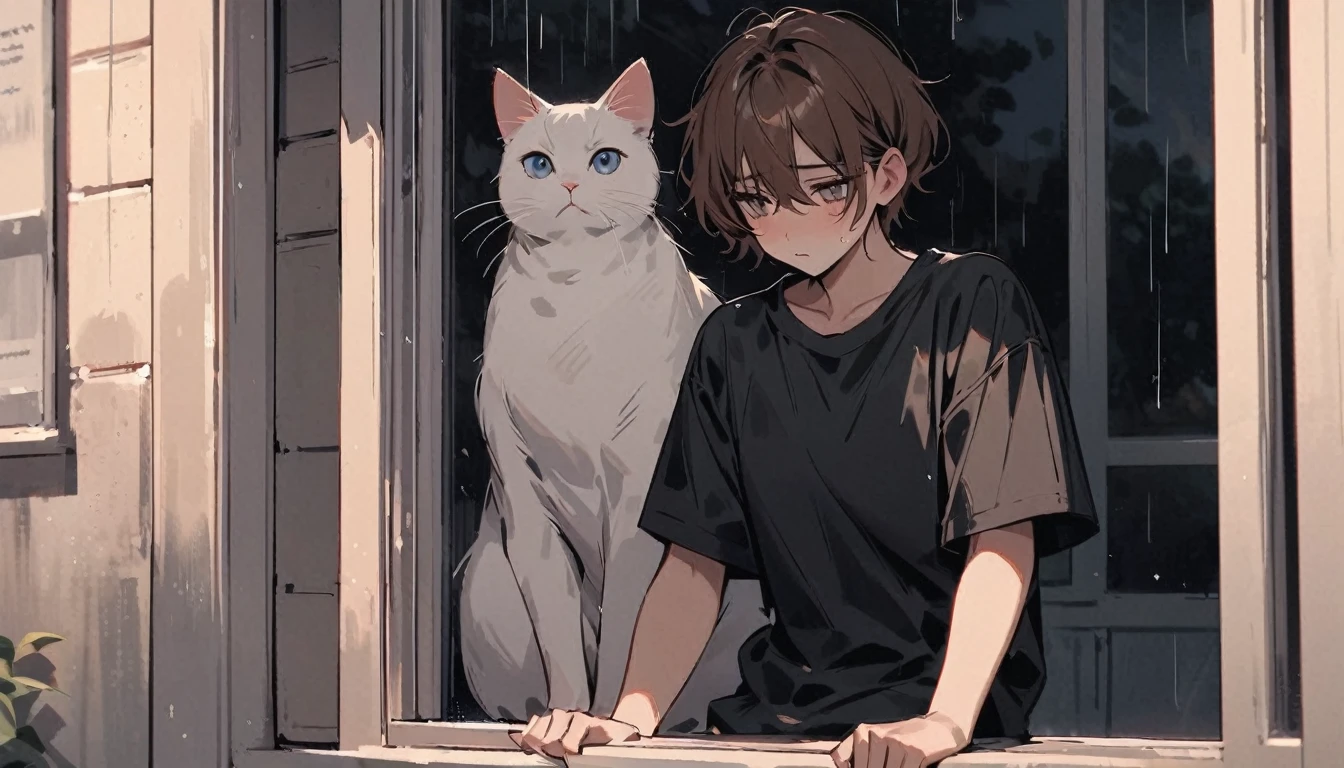 Beautiful and cute,single,long brown hair,Eyes sparkling, beautiful, outstanding,black t-shirt,Jeans,Make a depressed face,standing looking out the window,The rain was falling outside.,Lonely mood,A fat white cat sat on the window sill looking outside.