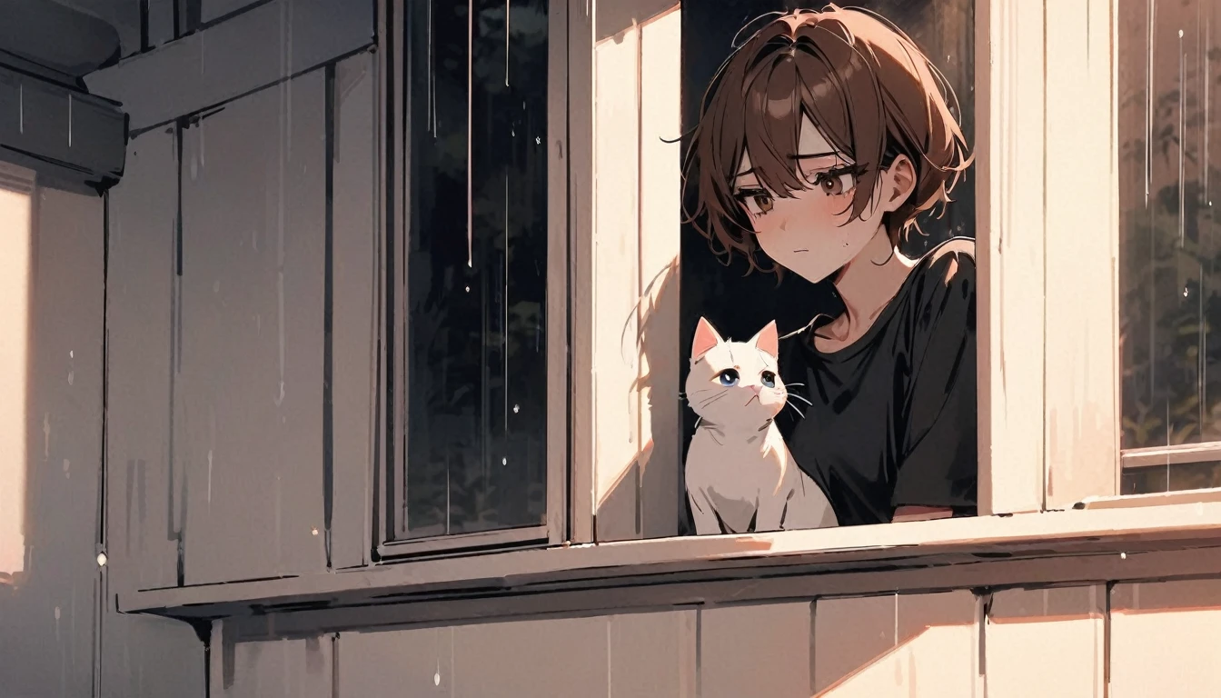 Beautiful and cute,single,long brown hair,Eyes sparkling, beautiful, outstanding,black t-shirt,Jeans,Make a depressed face,standing looking out the window,The rain was falling outside.,Lonely mood,A fat white cat sat on the window sill looking outside.