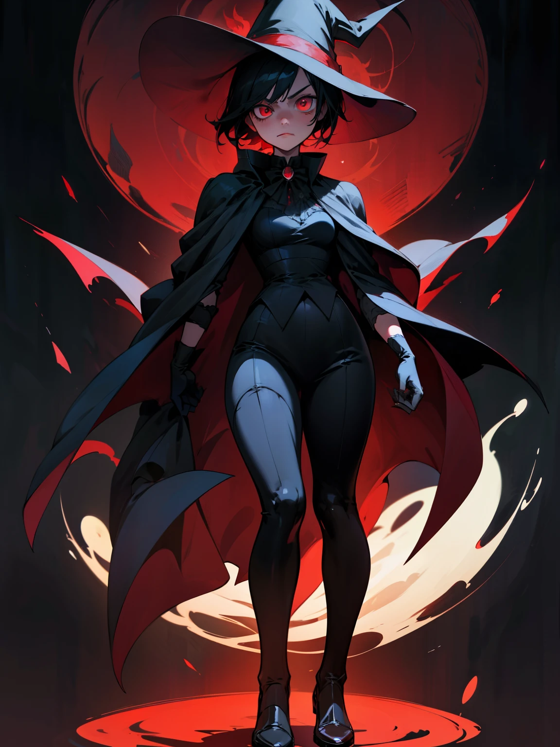 anime girl in a butler outfit, short black hair, red crimson eyes, closed mouth, serious, cape, big wizard hat, full body shot, gloves, anime, Gothic art, high details, high quality, 4K, HD, masterpiece, anatomically correct
