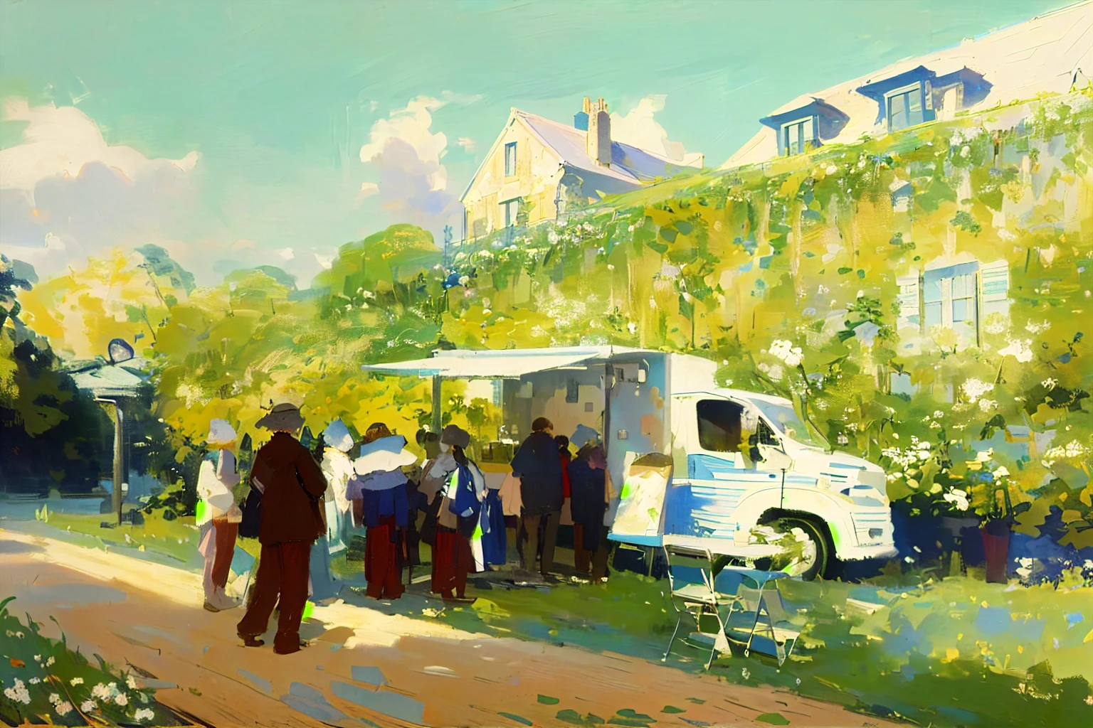 Giverny Town，Grass and flowers growing all over the wall，A group of modern people line up in front of a dining car，road，Blue sky and white clouds，Sunny weather，Bright picture，克劳德·Monet的painting，Pointillism，Blurry brushstrokes，Delicate details，Original edge texture，Low-saturation colors，Low contrast，Morandi's color，white and pale blue，克劳德·Monet，Monet，，painting