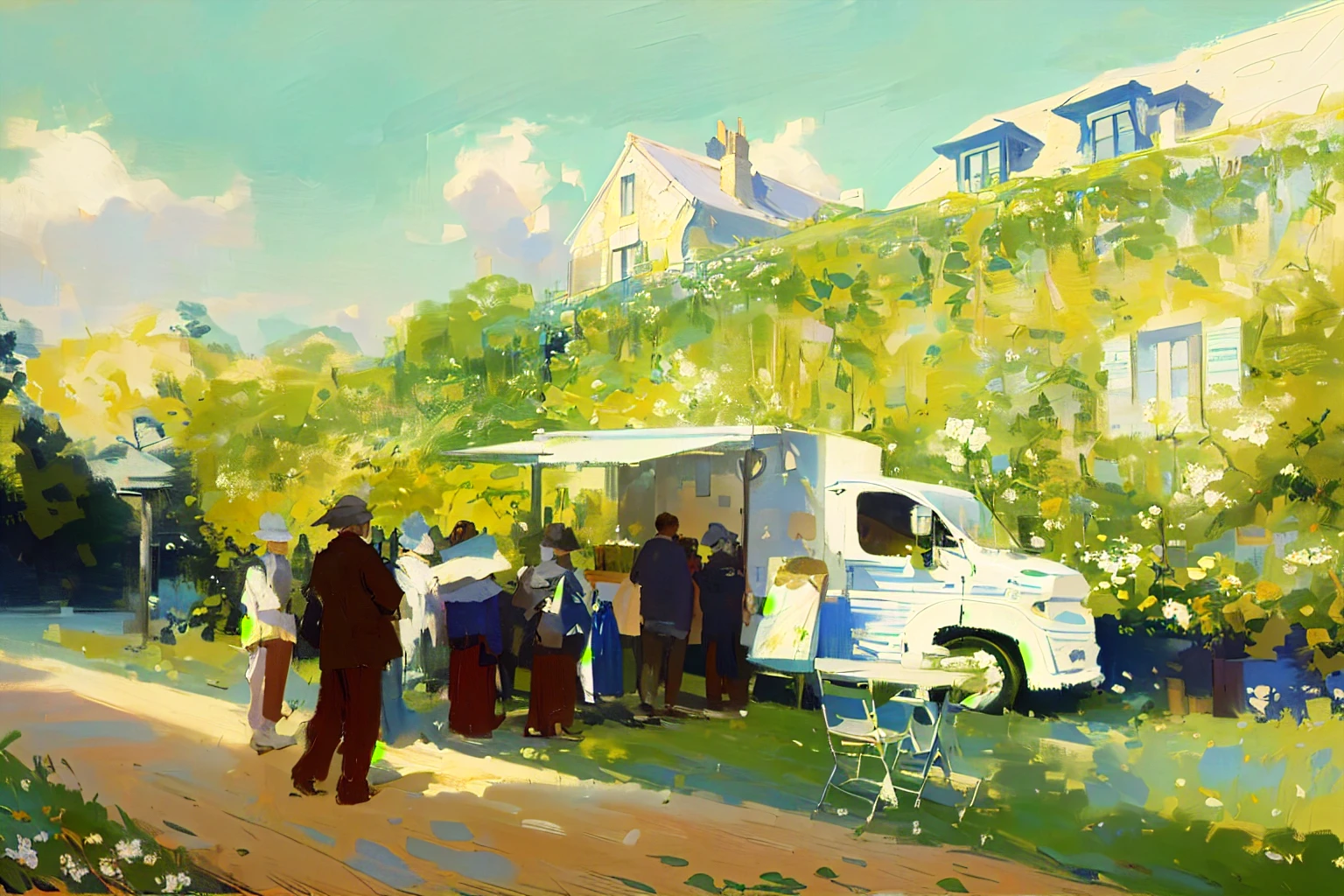 Giverny Town，Grass and flowers growing all over the wall，A group of modern people line up in front of a dining car，road，Blue sky and white clouds，Sunny weather，Bright picture，克劳德·Monet的painting，Pointillism，Blurry brushstrokes，Delicate details，Original edge texture，Low-saturation colors，Low contrast，Morandi's color，white and pale blue，克劳德·Monet，Monet，，painting