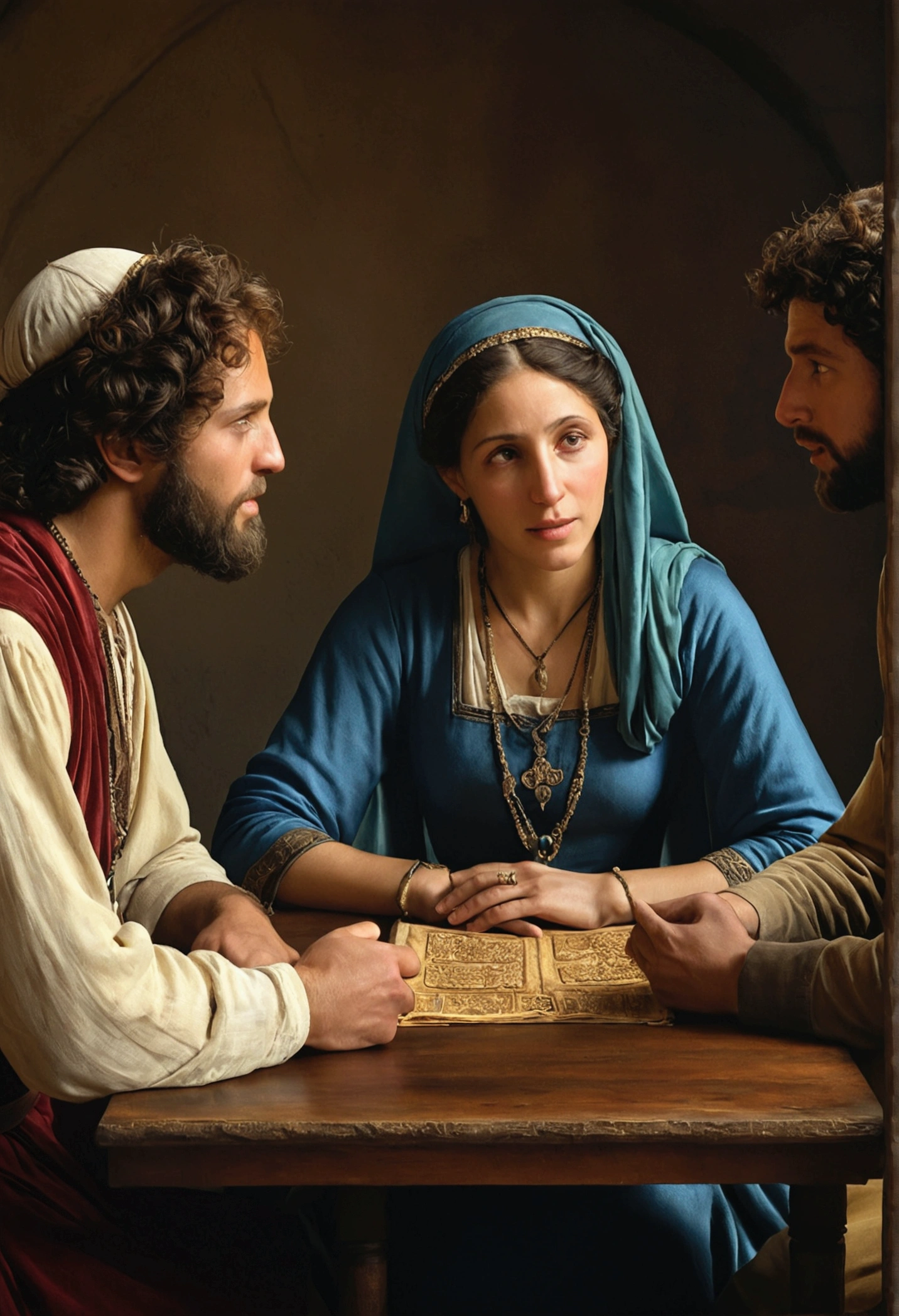 a Hebrew woman talking to two men, sitting at a table, highly detailed, realistic lighting, photorealistic, digital art, dramatic composition, chiaroscuro, muted colors, classic renaissance painting style, intricate details, hyper realistic, museum quality, masterpiece