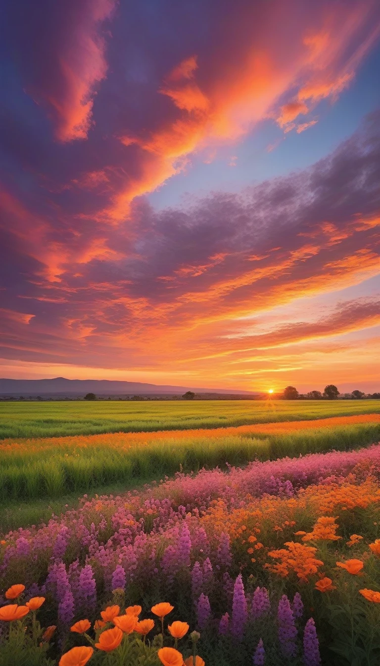 Imagine a vibrant sunset, painting the sky with shades of orange, pink and purple. The clouds are soft and golden, reflecting the last lights of the day. down, a green field stretches as far as the eye can see, punctuated by colorful flowers gently swaying in the wind.