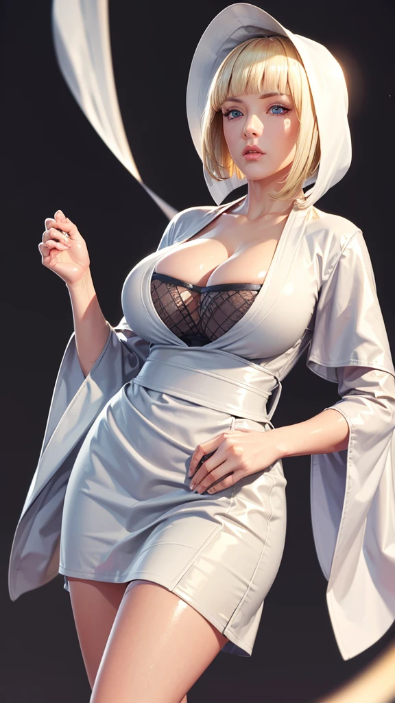 (((Perfect body,White and tender skin,(((BLACK KIMONO, CLEAVAGE, VAMBRACES,))),(((Samui, Blue eyes, blonde hair, short hair, bangs, blunt bangs,))),((masterpiece)),high resolution, ((Best quality at best)),masterpiece,quality,Best quality,((( Exquisite facial features,Looking at the audience,There is light in the eyes,Poker face))),Look up at the sky,From below))),(((Light and shadow,Huge breasts,Plump buttocks))),(((Looking at the camera,black background,)))),
