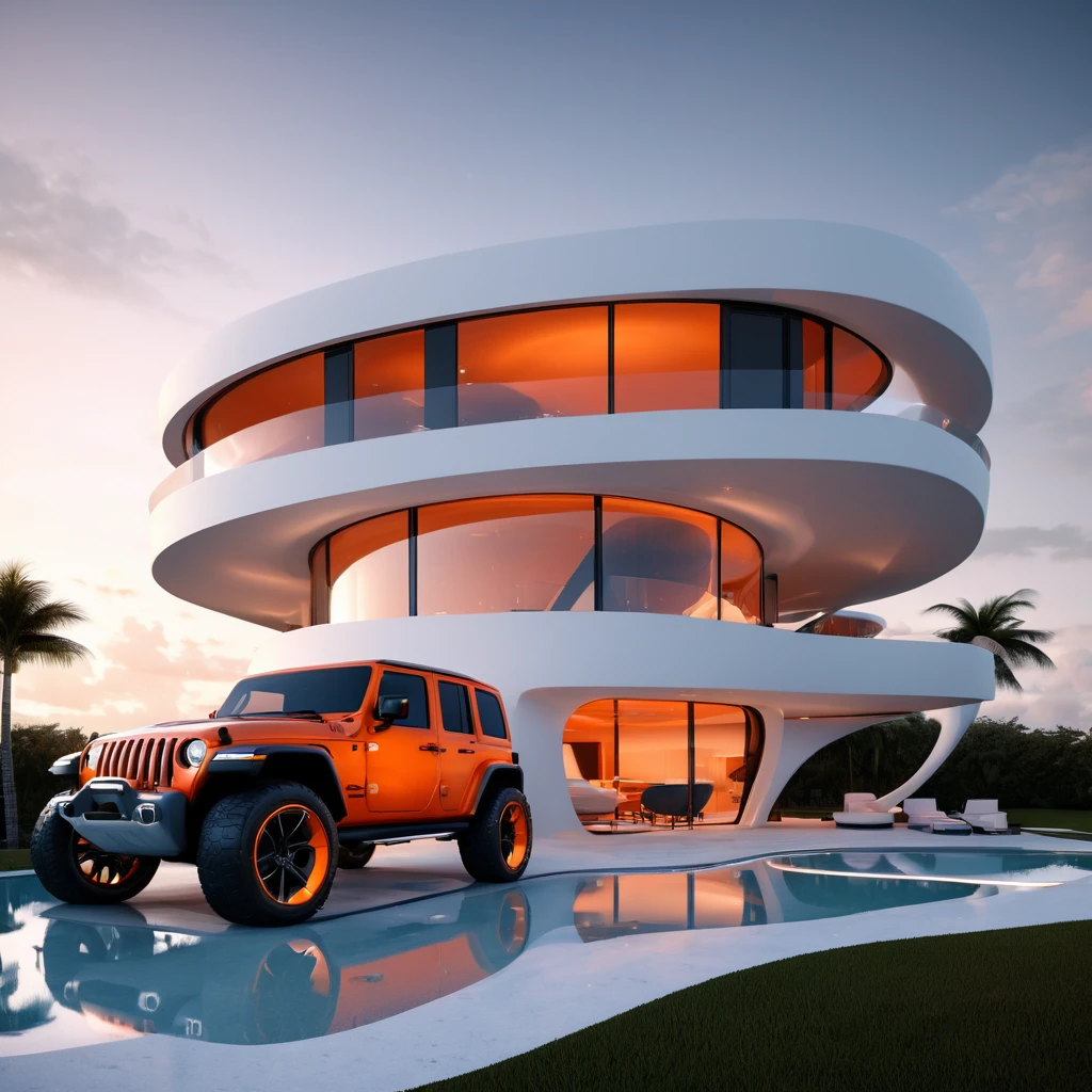 a futuristic house with an orange jeep wrangler parked in front of it, cgsocietywlop, beautiful curves, intricate devilish designs, qualia, interesting shapes & form, wow factor, elaborate polished, architectural rendering, miami, orange soft lighting in interior of house, futuristic battlefield, inspired by James E. Brewton, precise architectural rendering