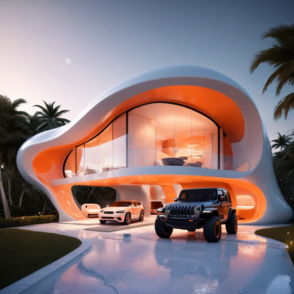 a futuristic house with an orange jeep wrangler parked in front of it, cgsocietywlop, beautiful curves, intricate devilish designs, qualia, interesting shapes & form, wow factor, elaborate polished, architectural rendering, miami, orange soft lighting in interior of house, futuristic battlefield, inspired by James E. Brewton, precise architectural rendering