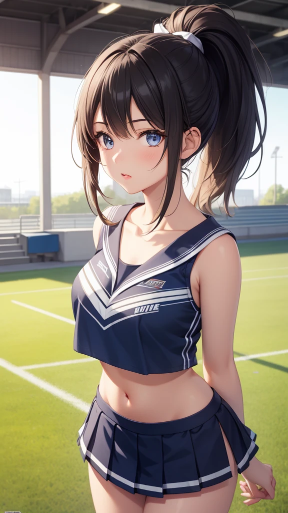 1girl, natural lighting, masterpiece, highly detailed, illustration, game CG, absurdres, high quality, beautiful detailed eyes, ponytail, bangs, glossy lips, collarbone, cheerleader, midriff, school field