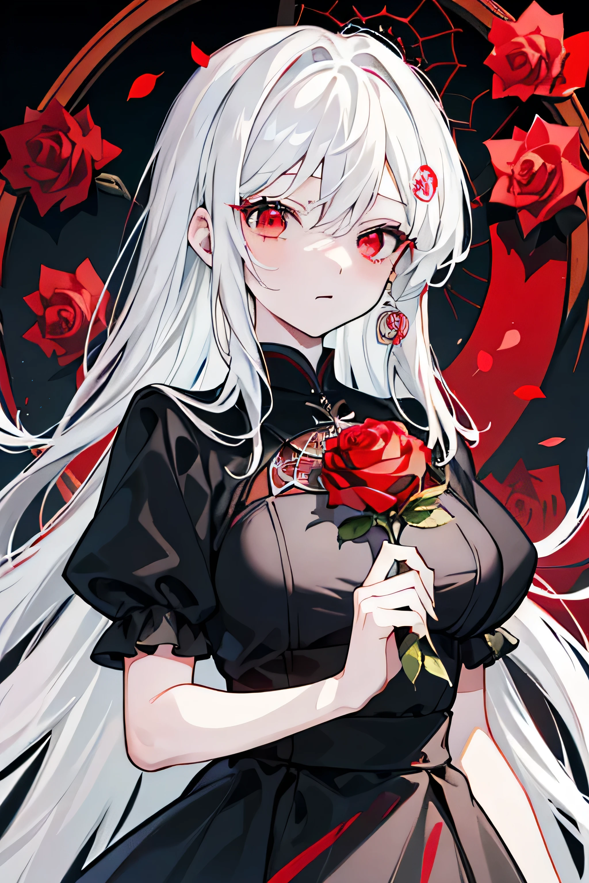 (best quality, masterpiece), (1girl, solo, black dress, standing , looking at viewer, white hair, red eyes, holding rose, closed mouth, upper body), (red dreamcatcher behind, red flower, )