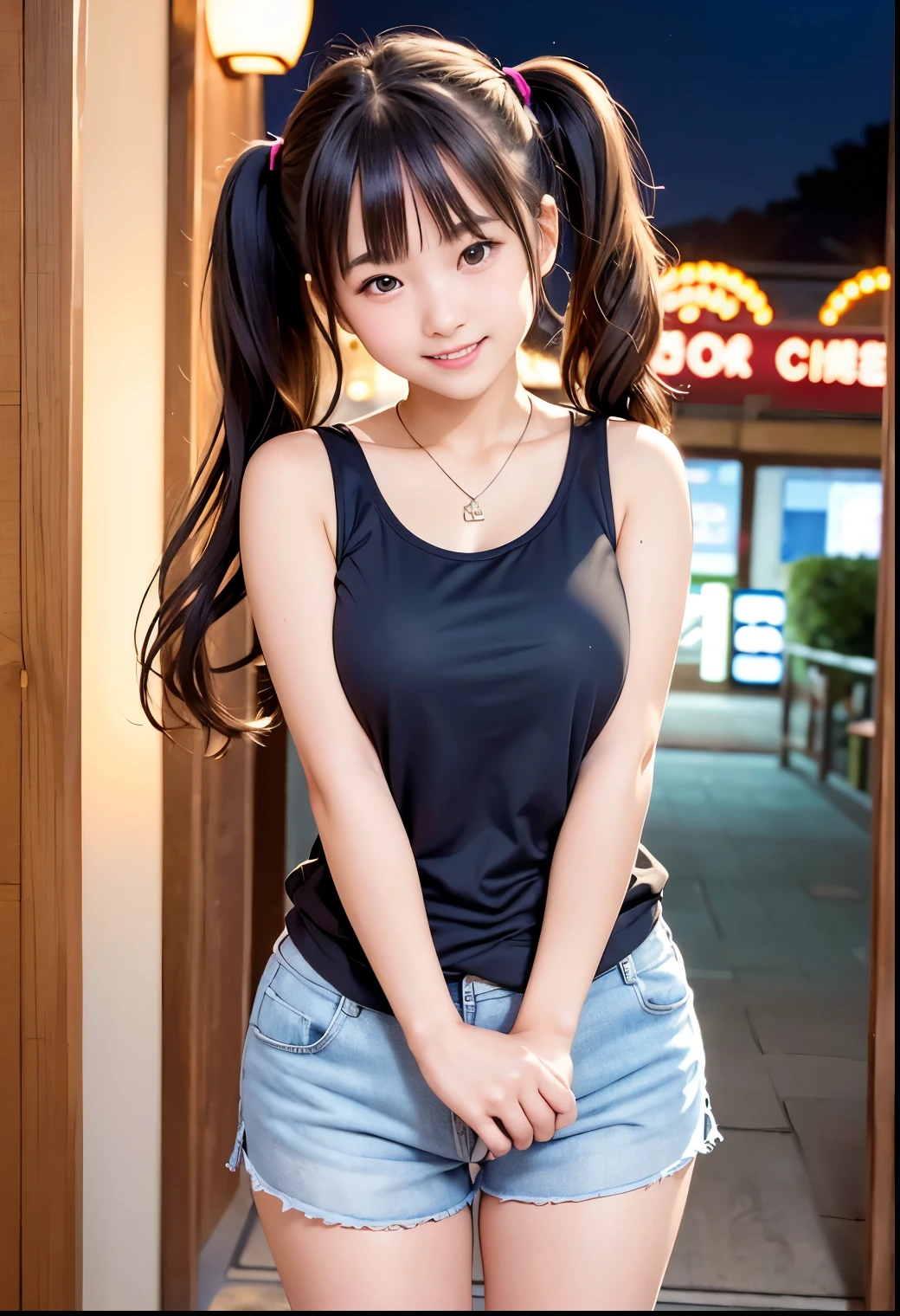 (Highest quality,masterpiece:1.3,Ultra-high resolution),(Very detailed、Caustics) (Realistic:1.4, RAW shooting、)Ultra-Realistic Capture、Very detailed、Natural skin texture、masterpiece、(Japanese elementary school girl wearing a sleeveless t-shirt and shorts:1.3)、Adorable expression、Expressions of happiness、、height: 140cm、Baby Face、Pure girl、Amazingly cute、Twin tail hairstyle、Curly Hair、ribbon、Black Hair、Large Breasts、Shining thighs、Shining ass、necklace、Bare arms、Neon city at night、Standing at the entrance of a sex shop、Background details、smile、An inviting gaze、(Anatomically correct)、Cowboy Shot、Attention to detail、Not nfsw clothing、