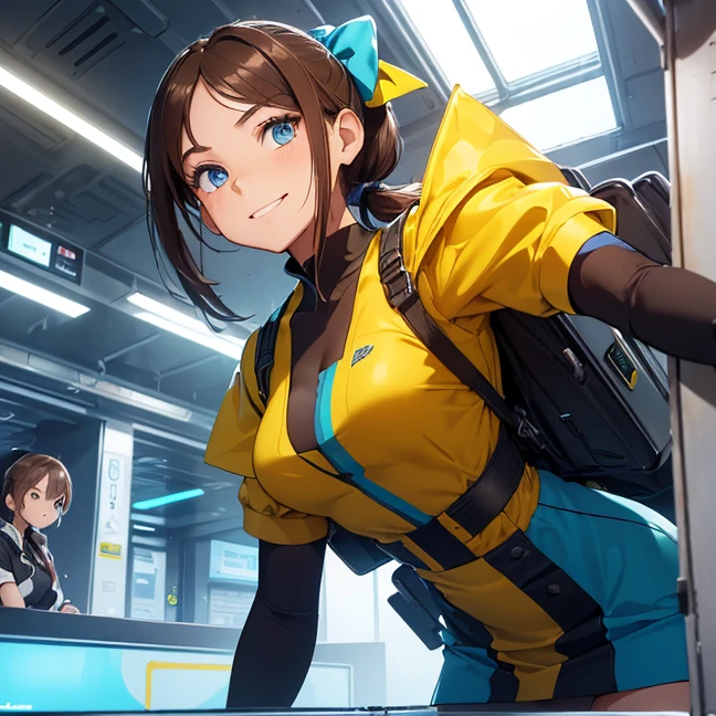 Absurdres, master piece, best high quality image, Science fiction genre, carefully detailed artwork, carefully detailed image, no deformity
{{(1character: 14 years old brown haired human futuristic girl, (beautiful blue eyes, fair skin, absolutely beautiful, brown hair tied in short ponytail with green ribbon, nice short teenage body, comedic personality, happy smile, confident cocky position), (futuristic british style student yellow dress, blue short sleeves), (futuristic train station, futuristic people around))}}