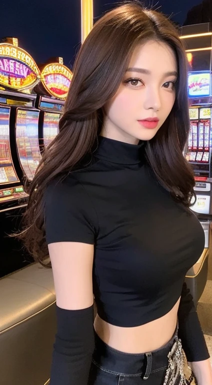 (realistic light, best quality, 8ก, Masterpiece: 1.3)), Point of interest: 1.2, 1 girl, perfect beauty: 1.4, Slim stomach: 1.1, ((dark brown hair)), (Black cropped shirt: 1.4), (outdoor, nighttime: 1.1),  , Very smooth face, good eyes, Double eyelids, white shorts, big breasts,(The background is a modern casino and slot machines, a modern PG company.)