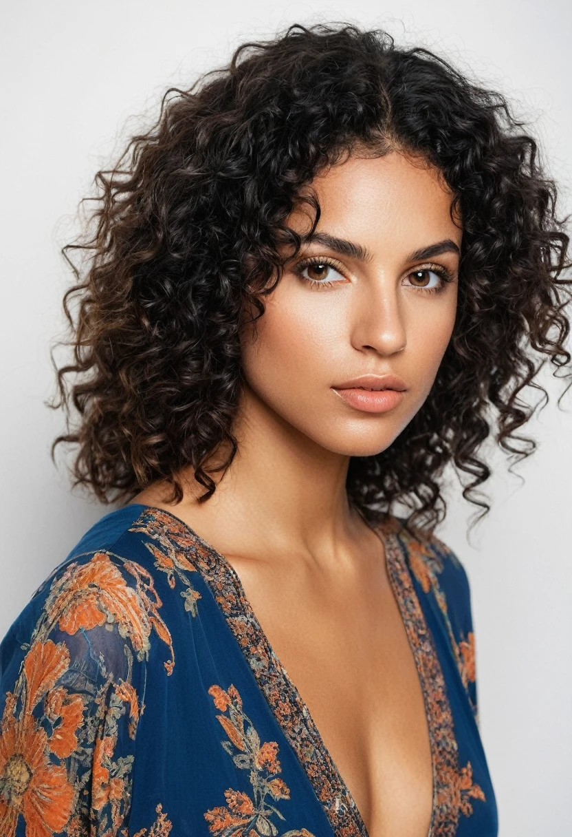 CamilaMendes,A portrait of a woman with a natural and close look. Black curly hair with blonde highlights, falling freely on her shoulders. Her facial features include full lips, a straight nose, and long, almond-shaped eyes, all set in soft, luminous skin with a slight blush on her cheeks. You should wear a garment printed with a floral or paisley design in orange, blue, and beige. The lighting should be soft, creating soft shadows that accentuate your features.