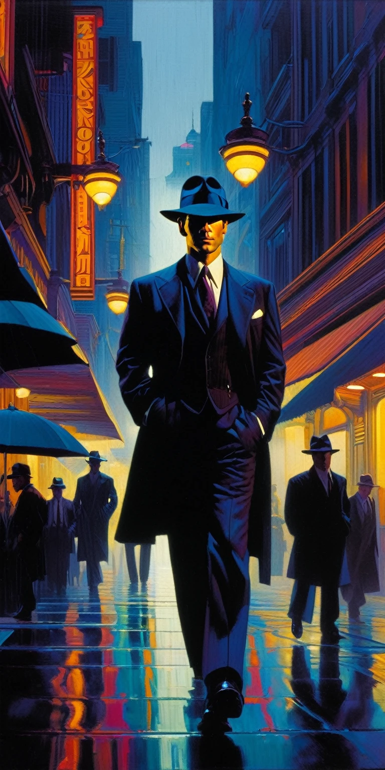 a painting of a man in a suit and hat walking down a street, neo - noir style, neo noir style, neo-noir, neo - noir, neo noir, noir detective and a fedora, john watkiss, noir detective, neo - noire, style of tim hildebrandt, style of raymond swanland, noir film world character design