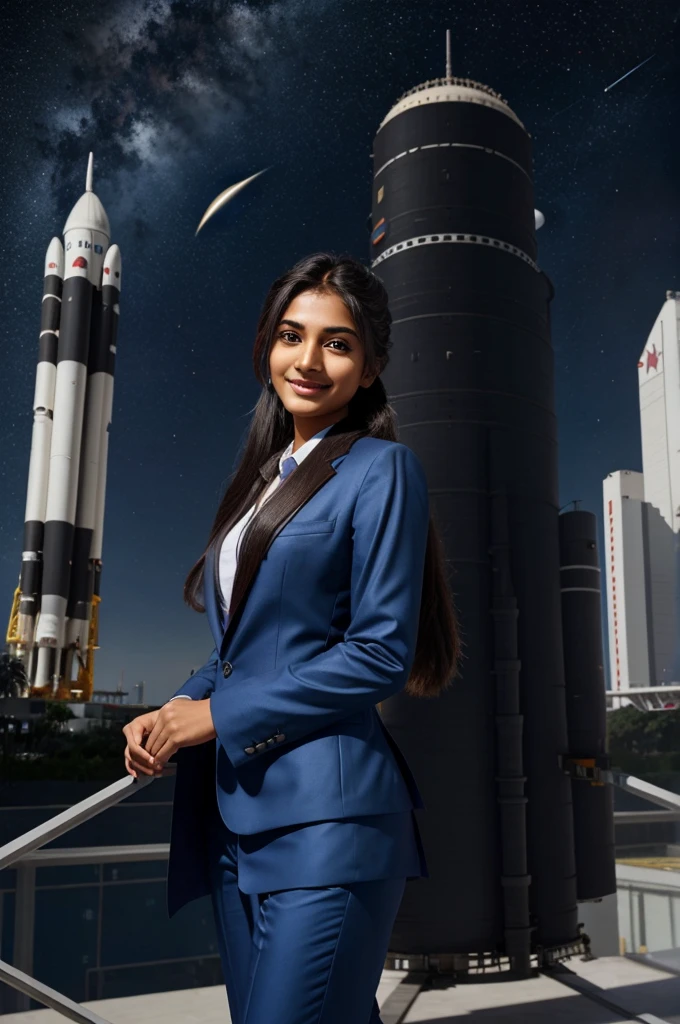 A 21 year old beautiful Indian girl with long hair smiling face beautiful eyes ponytail hairstyle wearing suit coat pant dark standing in space centre a large rocket under construction background 