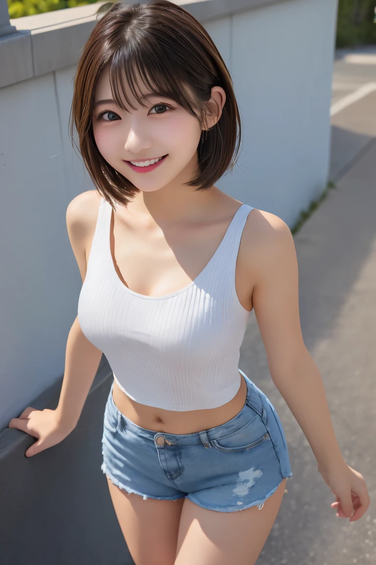 Highest quality、(beautiful)、Brown Hair、looking at the camera、Upper Body、Close-up、Larger breasts、smile、Shot from above、Semi-short hair、A tight-fitting dress with an open chestTshirt、Shorts、Belly button、Leaning forward
