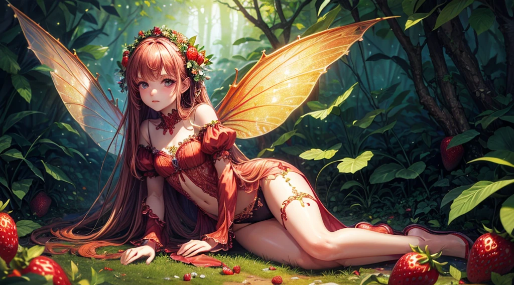 ( Absurd, High quality, ultra-detailed, masterpiece, concept art, smooth, highly detailed artwork, hyper-realistic painting ) , tiny , strawberry girl, Strawberries, cute, whole body, Romantic, Vivid, dreamy, fantasy, fairy wings, in the forest, enchanting glow, very detailed art, reveal clothes, sexy lace underwear