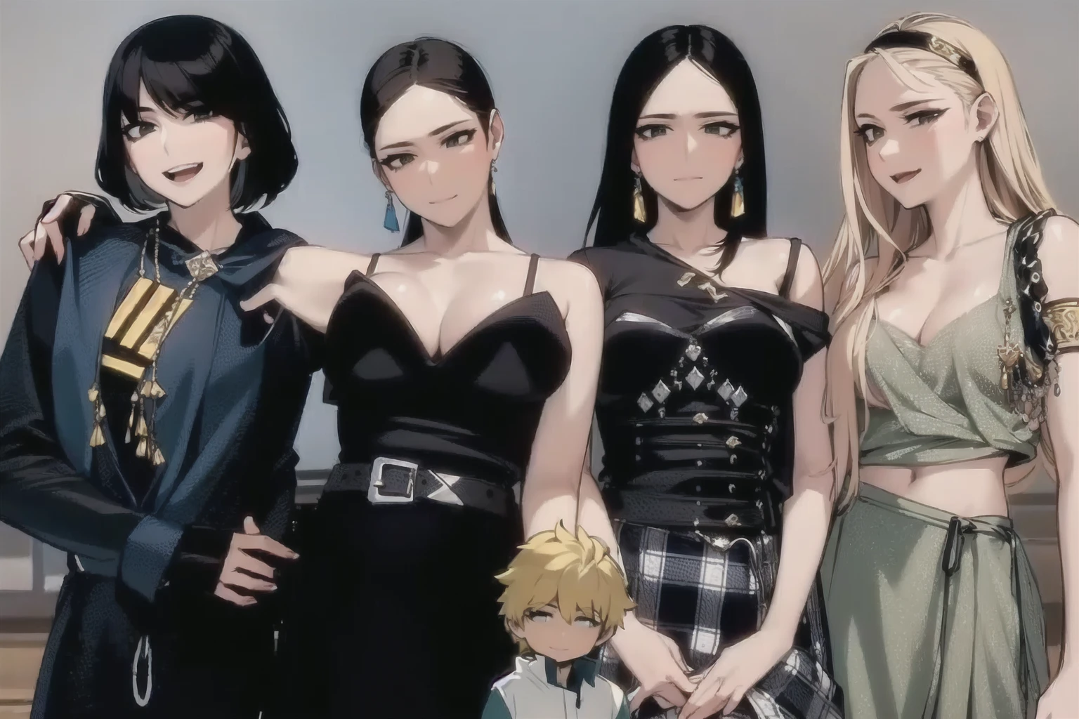 four sexy women who are wives of 4 years old boy looking at camera, seductive smiles, portrait, various hair