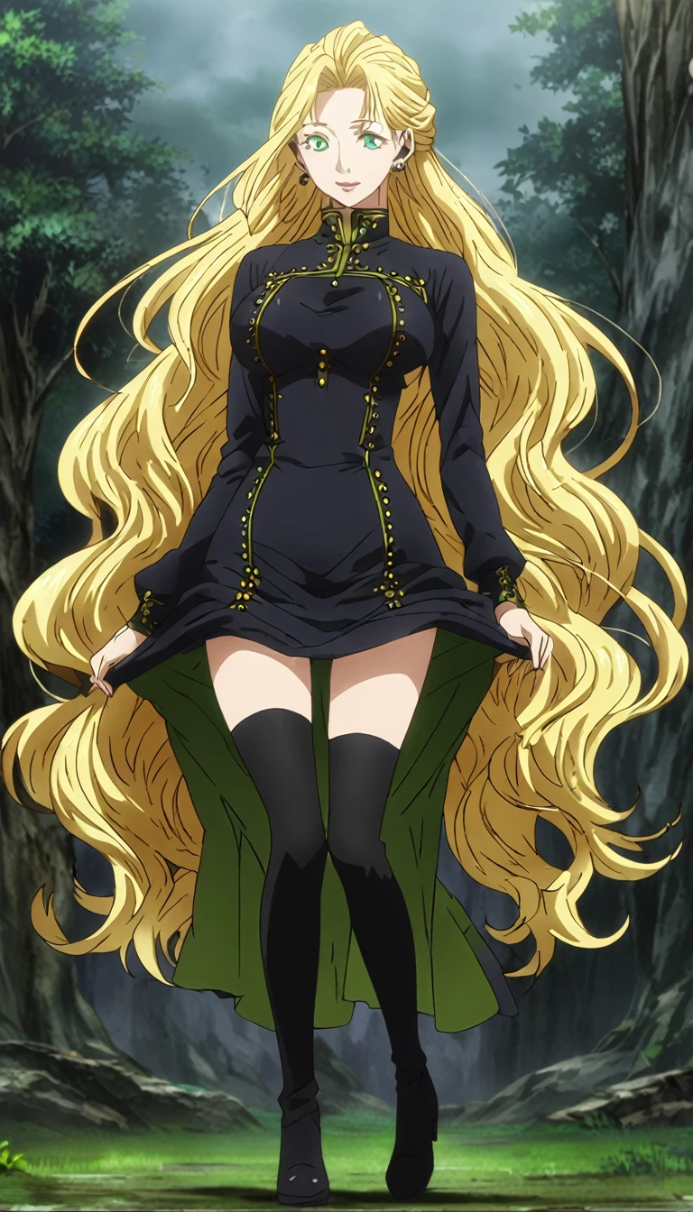 1girl, female gojo satoru, anime screencap from jujutsu kaisen, gojo satoru female version, solo, long_hair, ((green eyes)) ((Yellow hair,  wavy hair)), trees background, (hanging breasts) upper_body, smile, indoors, book, lips, (long hair) (( A black color, long-sleeved, high-necked dress that extends down to her mid-thigh. The dress is accented with a couple of (gold buttons), (wearing black knee-high boots)) breast, "very detailed and high resolution" (green eyes) ((solo)) (((front view))) (earings) ((high resolution)) ((good quality)) ((silky hair)) ((full body))