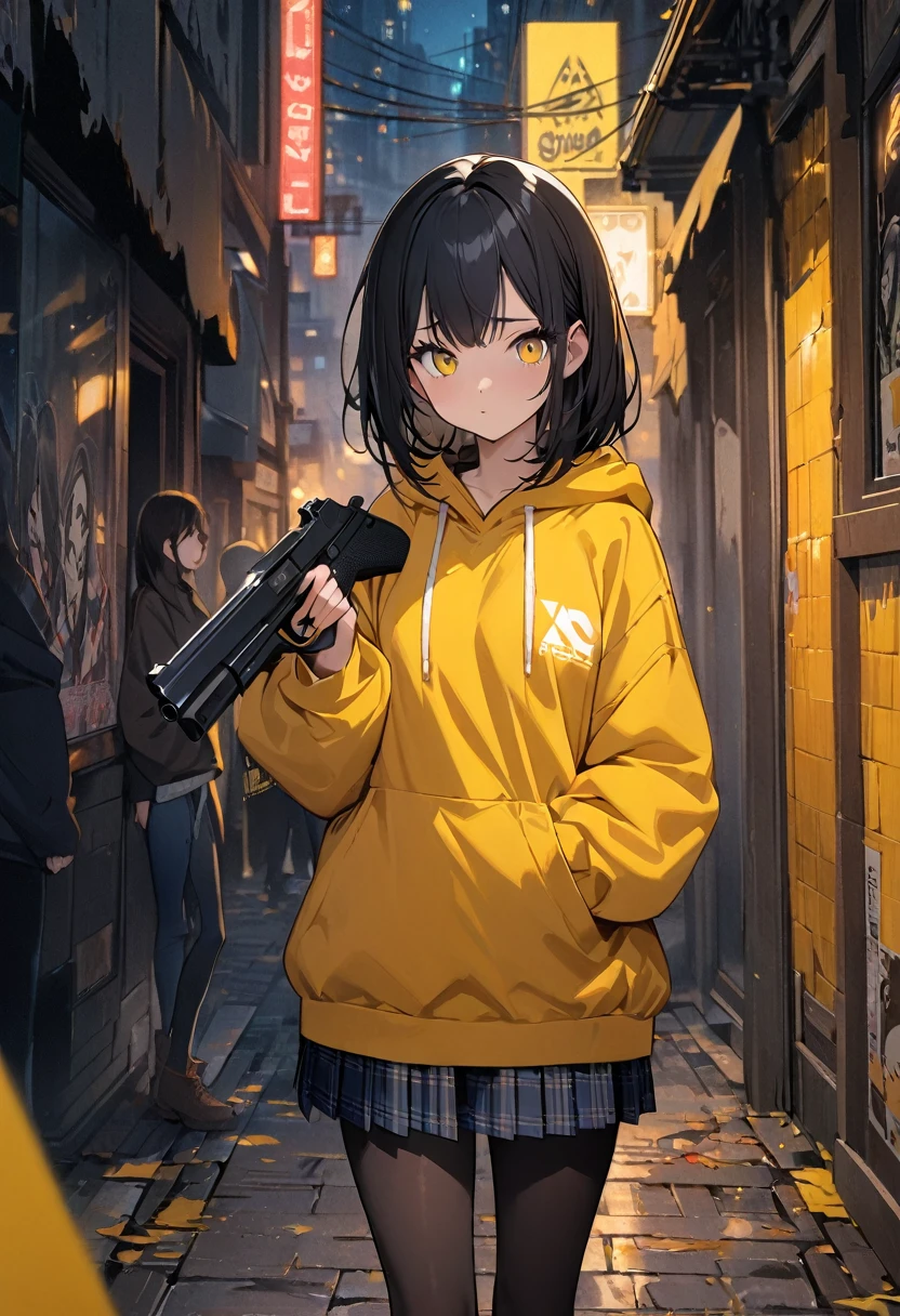 (BEST QUALITY), (MASTERPIECE), illustration, Extremely_detail, 4k wallpaper , midnight, 1 girl, tall girl, yellow street hoodie, black plaid skirt, black tights, blue jeans, 18 years old , black Hair, long bob hair, yellow eyes, cute, beautiful, holding a gun, Background of the city, Zombies