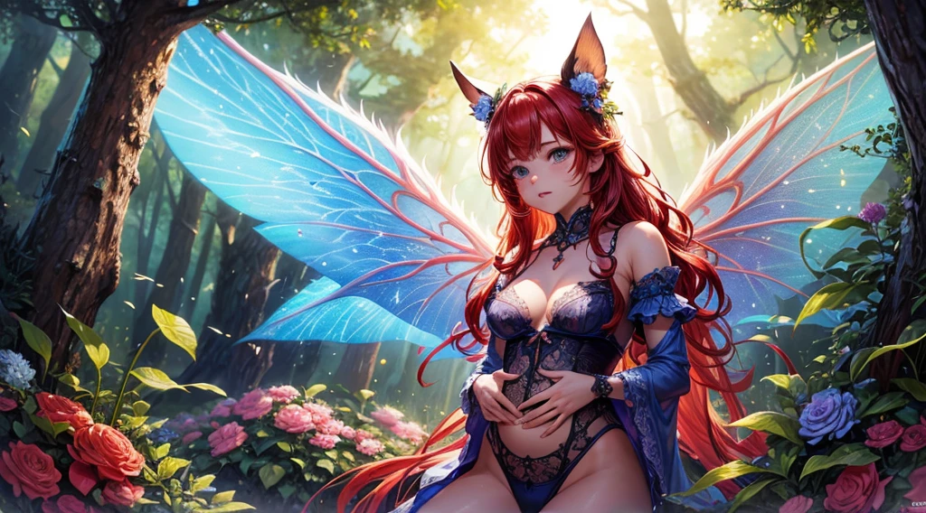 ( Absurd, High quality, ultra-detailed, masterpiece, concept art, smooth, highly detailed artwork, hyper-realistic painting ) , tiny , cute, whole body, Romantic, Vivid, dreamy, fantasy, fairy wings, in the forest, enchanting glow, very detailed art, reveal clothes, sexy lace underwear,  transrarrent clothnes, perky niples, ((pregnat)), redhead