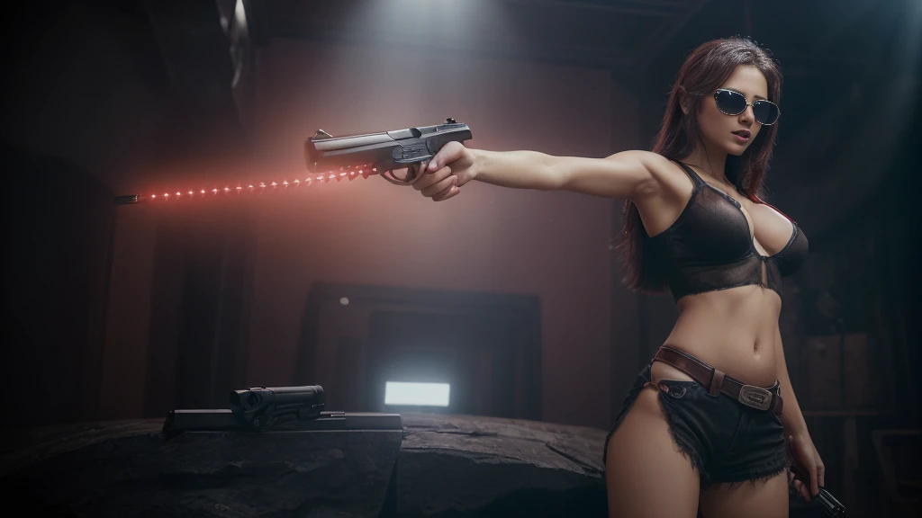 8k, masterpiece, RAW photo, best quality, photorealistic, extremely detailed CG unity 8k wallpaper, Depth of field, Cinematic Light, Lens Flare, Ray tracing, ((1girl:1.7)), ((alone:1.7)), ((seductive standing pose)), in the desert at night, deep shadow, [[Raiana-Elizabeth-Dilla]], pretty girl, (very slim slender fit-muscled body:1.3), (sexy ((see-through)) ((ultra-short ((red:1.2)) Cowboy-style uniform))), ((classic scenery,nightlife,musiclife,western)), ((whiskey glass and bottles,blues music)), (blurred background:1.4), soft lighting, (long black hairs), cleavage breasts, large breasts, realistic ((red:1.2)) clothes. (((((black sunglasses, holding pistol))))), (((half-body thigh level medium shot)))