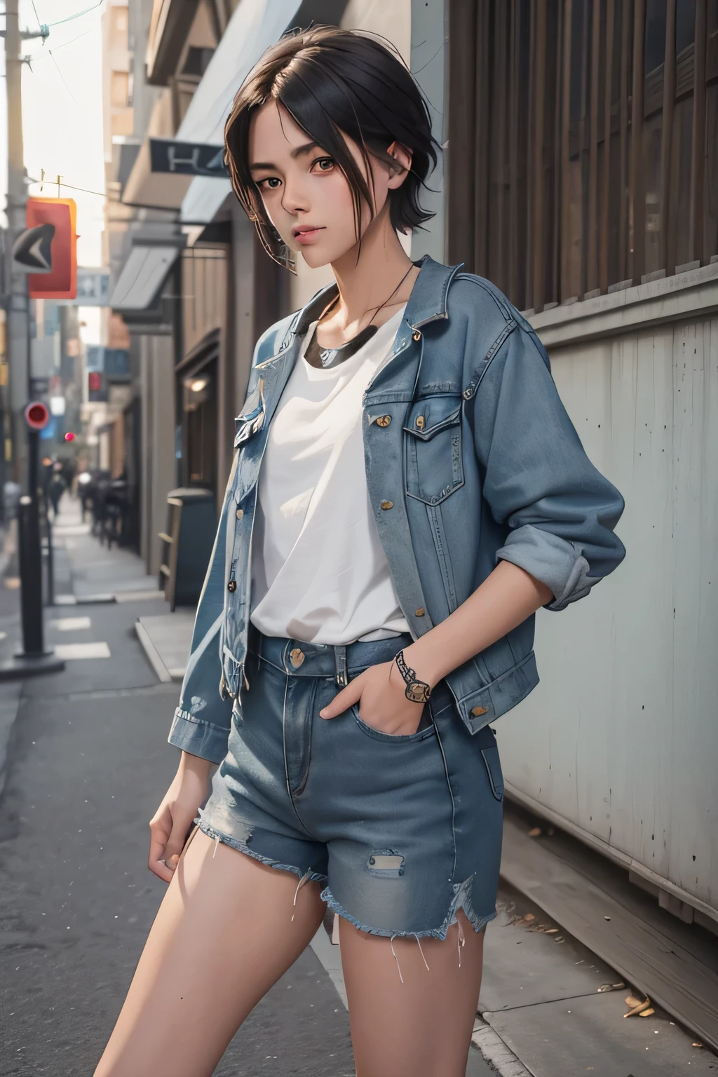 (Tomboyish:1.2), short hair, baggy clothes, denim jacket, worn-out sneakers, rolling up the sleeves, exposed forearms, tough attitude, no-nonsense expression, hands on hips, confident posture, casual pose, olive green backpack, pocketed jean shorts, bandana around the neck, comfortable, casual, laid-back, arm muscles visible, strong and independent, boots, practical, simple, minimalistic, athletic build, tomboy charm.

(Ultra detailed 8K Tomboy CG)、Tomboyish style, high-resolution, detailed clothes and accessories, realistic fabric texture, baggy jeans, worn-out sneakers
