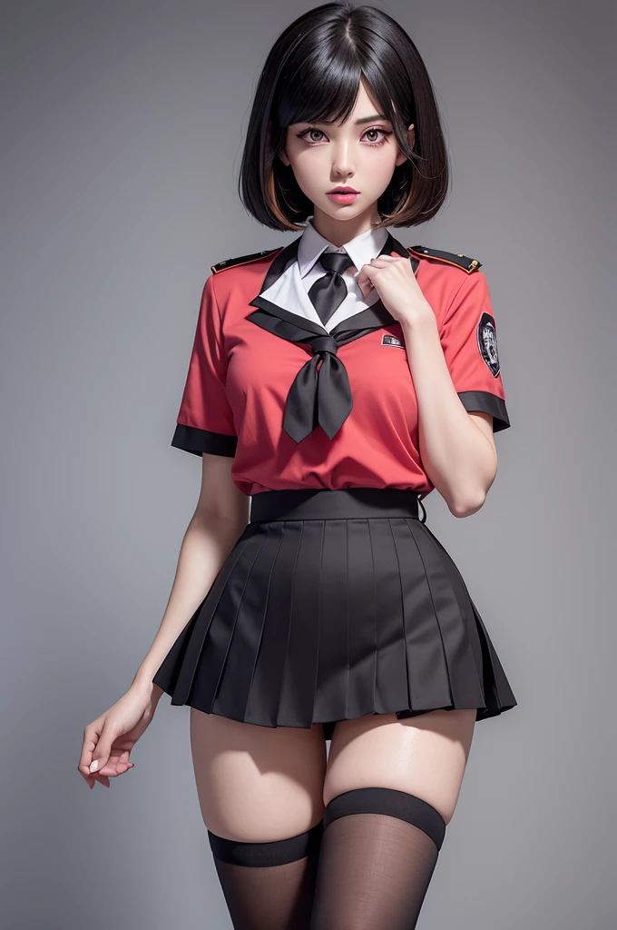 Create a female character in the kakegurui anime style, with black skin, pink iris eyes, short hair reaching the shoulder with the ends folded outwards, with bangs and light brown hair with several blonde streaks, wearing the female uniform from the anime kakegurui, the female school shirt with a large neckline in the chest area showing a little of them, and the short skirt, with long thigh-high socks, cute face and beautiful body, big