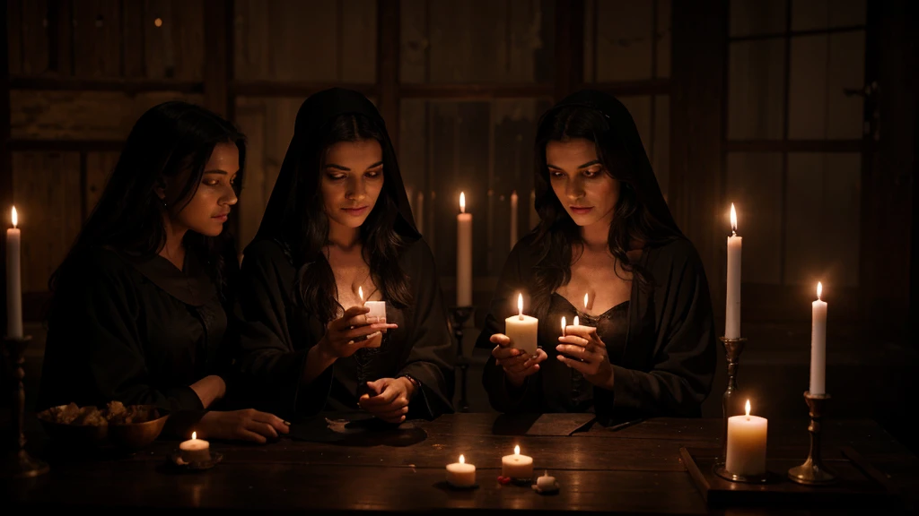 three friends, in the witchcraft magic ritual, in black robes, blood and candles, voodoo, clear, ultra realistic image