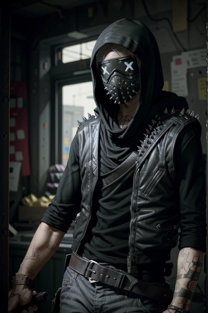 WrenchWatch, solo, blurry background, blurry, hood, male focus, spikes, 1boy, mask, upper body, hood up
