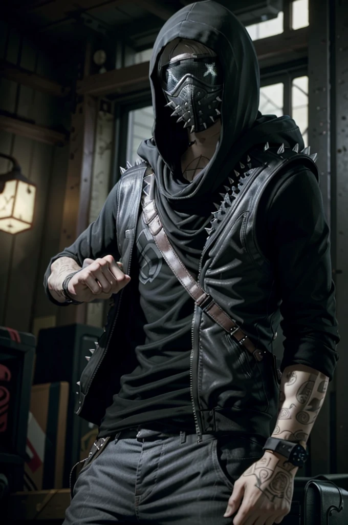 WrenchWatch, solo, blurry background, blurry, hood, male focus, spikes, 1boy, mask, upper body, hood up