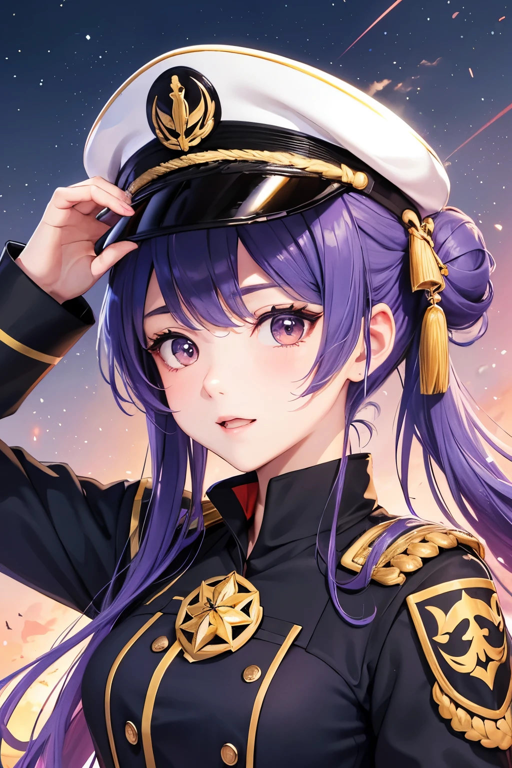 **A cute anime girl with brown twin-tailed bun hair is wearing an elegant navy uniform and saluting the viewer with one hand in Genshin style. On her head she has a cool military cap. The background of the illustration is a ship. Her eyes are bright red and she wears a purple cape over her outfit. There is also a Dior-style gold decoration around her collar. --s 50 --style raw** - (relaxed)