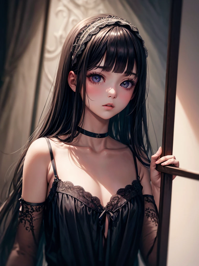 masterpiece, best quality, (dark photo:1.3), photorealistic, 1girl in a lace cami, flat bangs, stunning innocent symmetry face, emotional, ulzzang, (PureErosFace_V1:0.7)