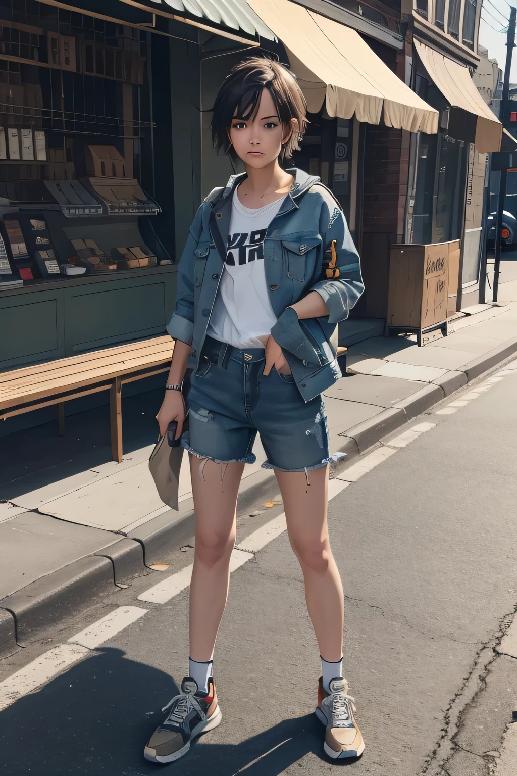 (Tomboyish:1.2), short hair, baggy clothes, denim jacket, worn-out sneakers, rolling up the sleeves, exposed forearms, tough attitude, no-nonsense expression, hands on hips, confident posture, casual pose, olive green backpack, pocketed jean shorts, bandana around the neck, comfortable, casual, laid-back, arm muscles visible, strong and independent, boots, practical, simple, minimalistic, athletic build, tomboy charm.
(Ultra detailed 8K Tomboy CG)、Tomboyish style, high-resolution, detailed clothes and accessories, realistic fabric texture, baggy jeans, worn-out sneakers