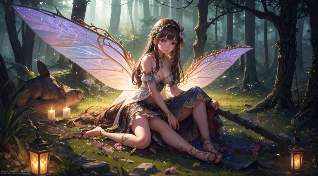 ( Absurd, High quality, ultra-detailed, masterpiece, concept art, smooth, highly detailed artwork, hyper-realistic painting ) , tiny , cute, whole body, Romantic, Vivid, dreamy, fantasy, fairy wings, in the forest, enchanting glow, very detailed art, reveal clothes, sexy lace underwear, light brown hair