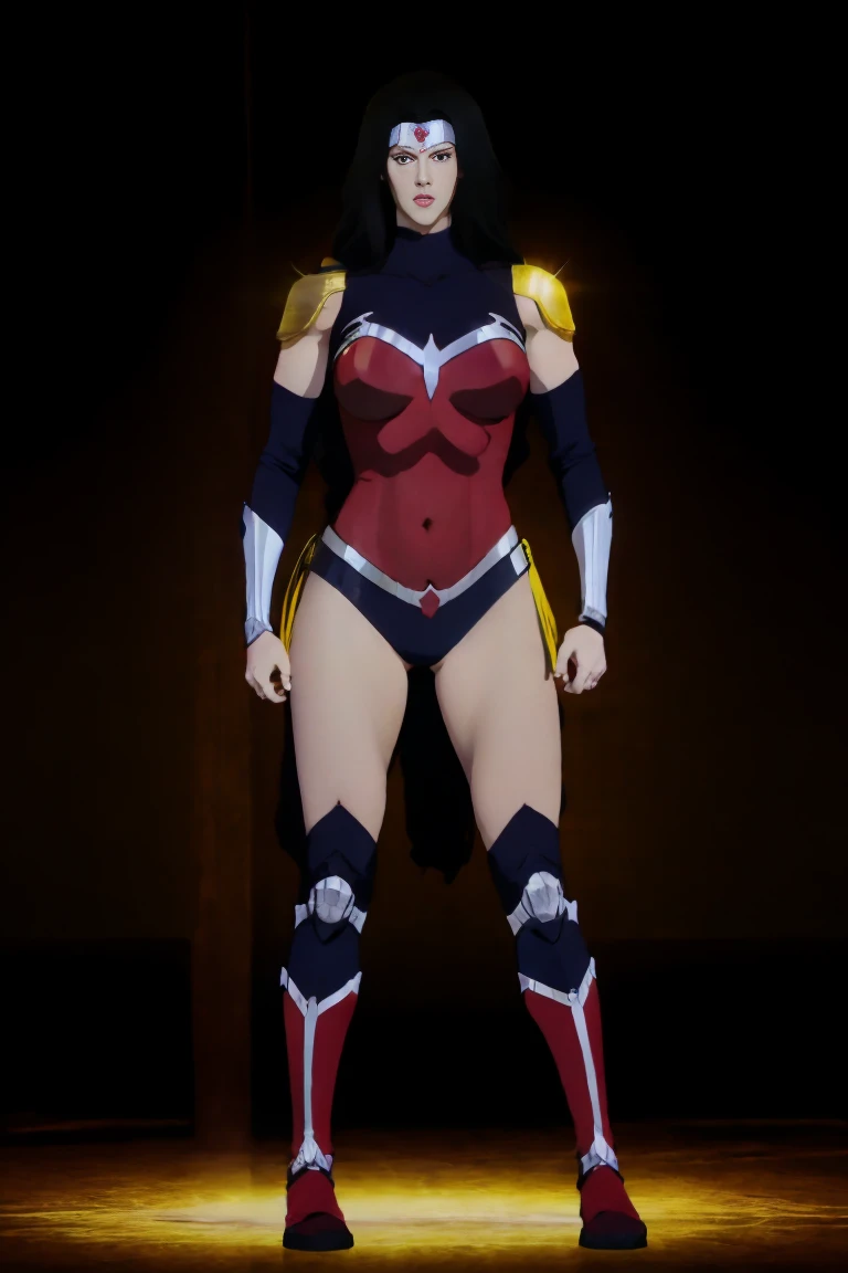 ((full body photo, standing, feet on the ground)) Wonder Woman A Alison Tyler  red-haired warrior with yellow eyes wearing black and gold Supergirl armor, bright lighting, light background, sunlight
