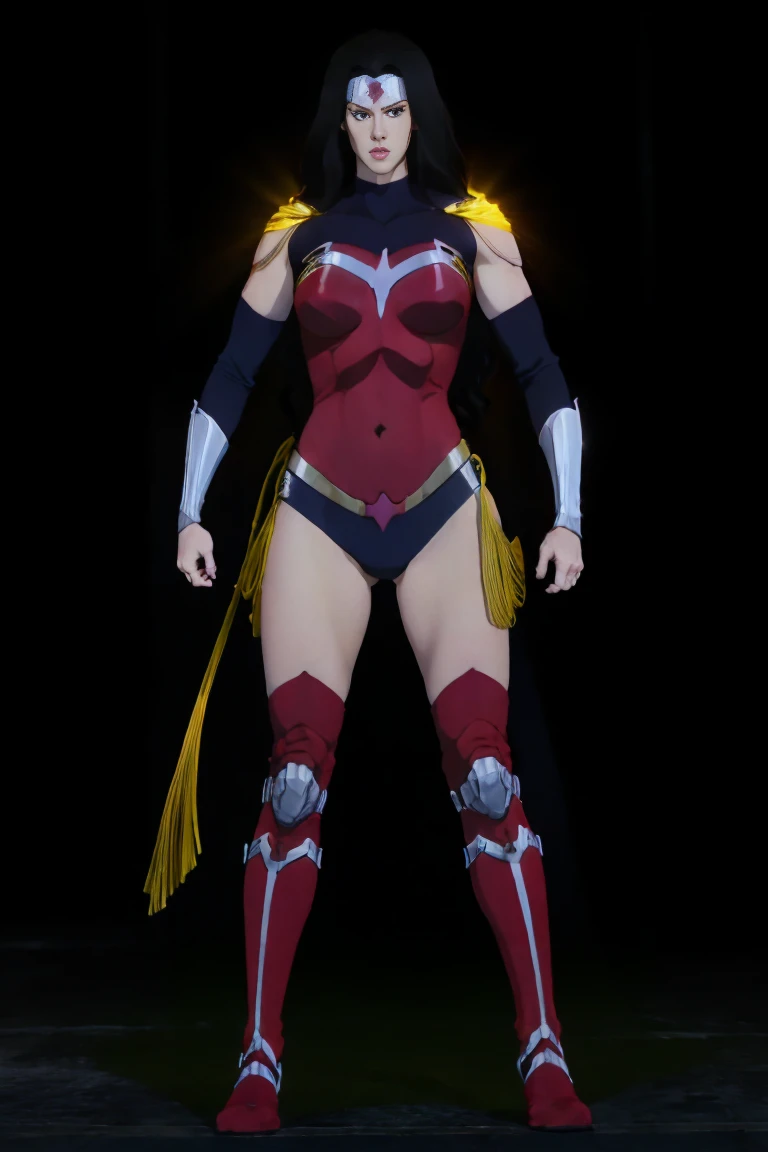 ((full body photo, standing, feet on the ground)) Wonder Woman A Alison Tyler red-haired warrior with yellow eyes wearing black and gold Supergirl armor, bright lighting, light background, sunlight