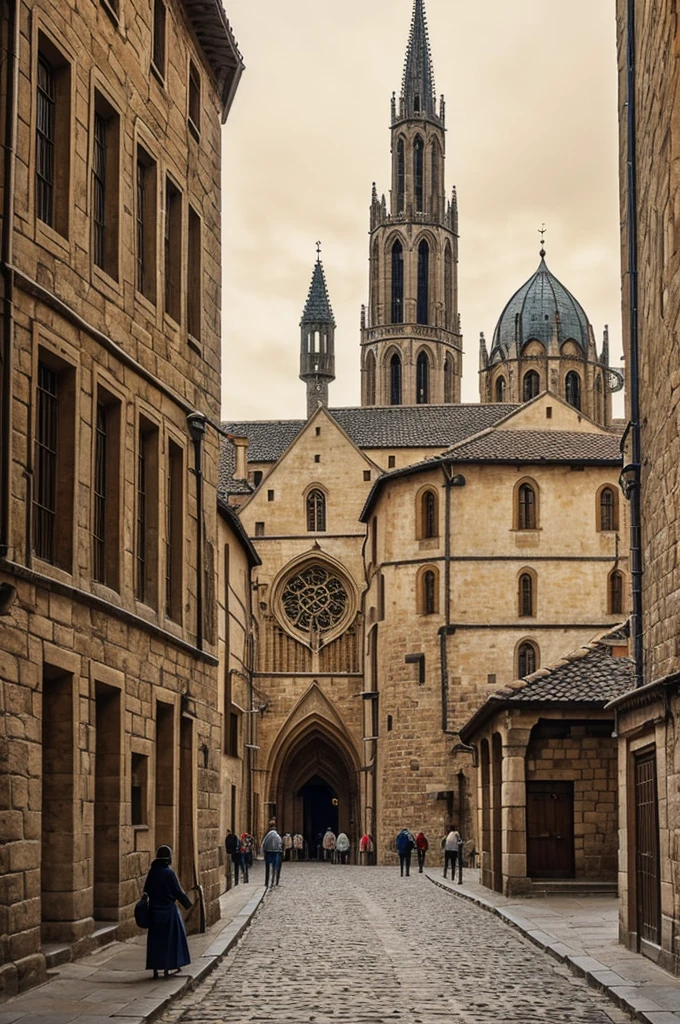 A stunning criss-cross painting depicting the Ancient University in its medieval glory. The university's iconic towers and buildings take center stage, with students dressed in traditional academic attire walking along cobblestone streets. In the foreground, a square with an imposing sculpture of an open Bible with Hebrew writing. The cross-hatching technique adds depth and texture to the painting, highlighting the intricate details of the architecture and the lively atmosphere of the bustling medieval city.