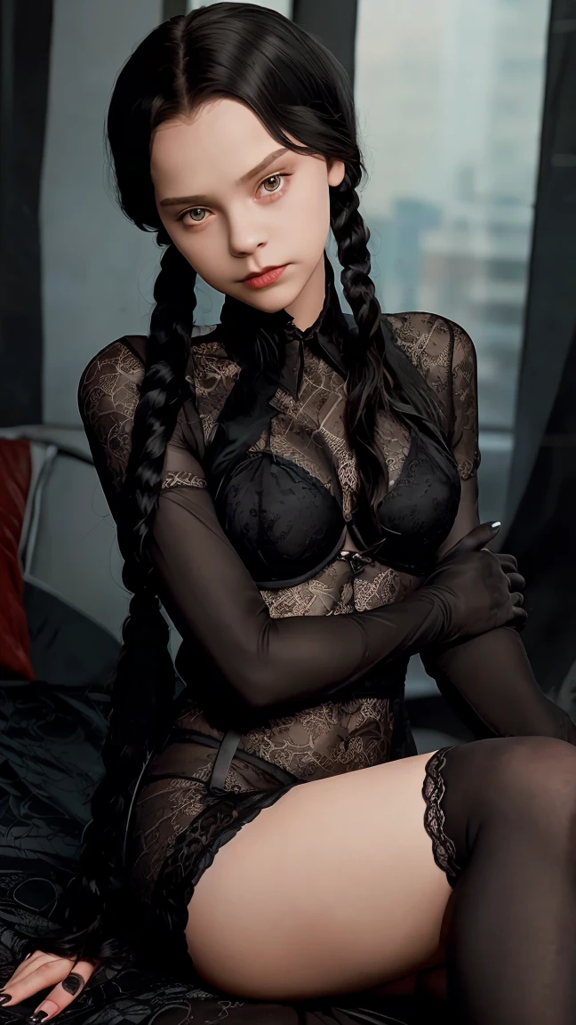 wednesday90,(((girl 10 years old))) ,sexy girl in dark lace lingerie and lace stockings,lace gloves large,open legs and arms,hair with two braids,dark lipstick