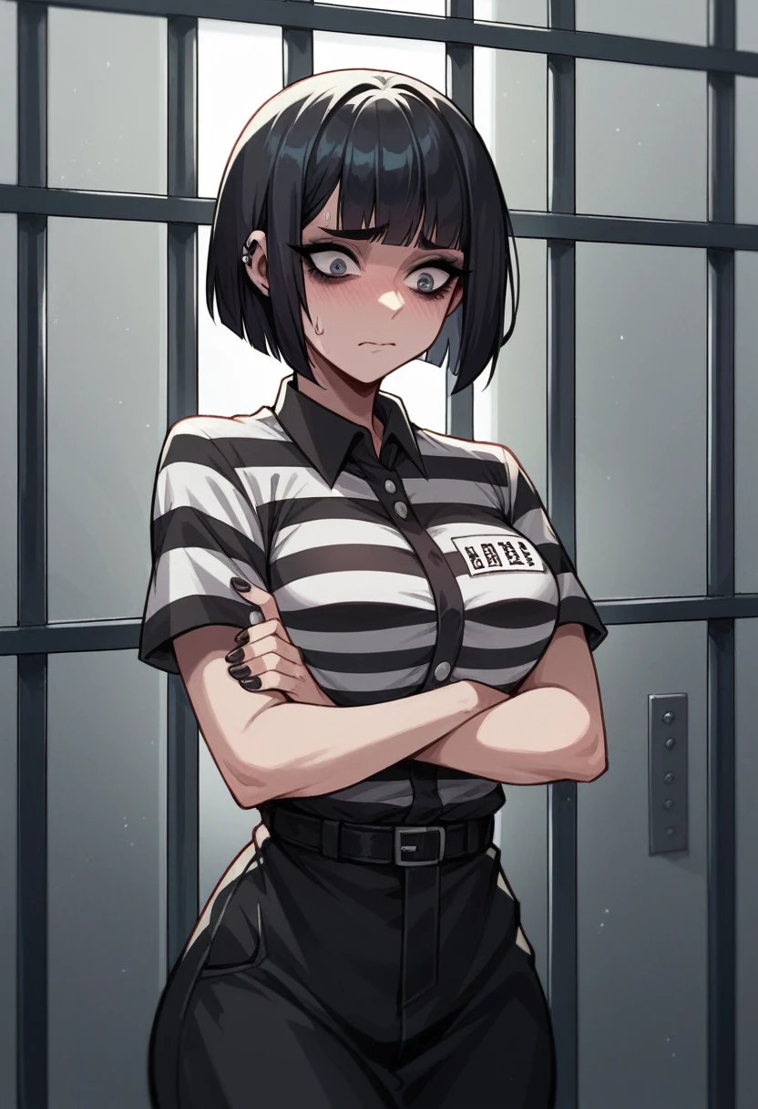 Transport belt, handcuffs, Prison uniform, （Striped black and white prison jumpsuit）, White skin、View your viewers, Severe, Frowning, blush, Are standing, Savage look、locked in a prison cell, high quality, masterpiece. Medium chest