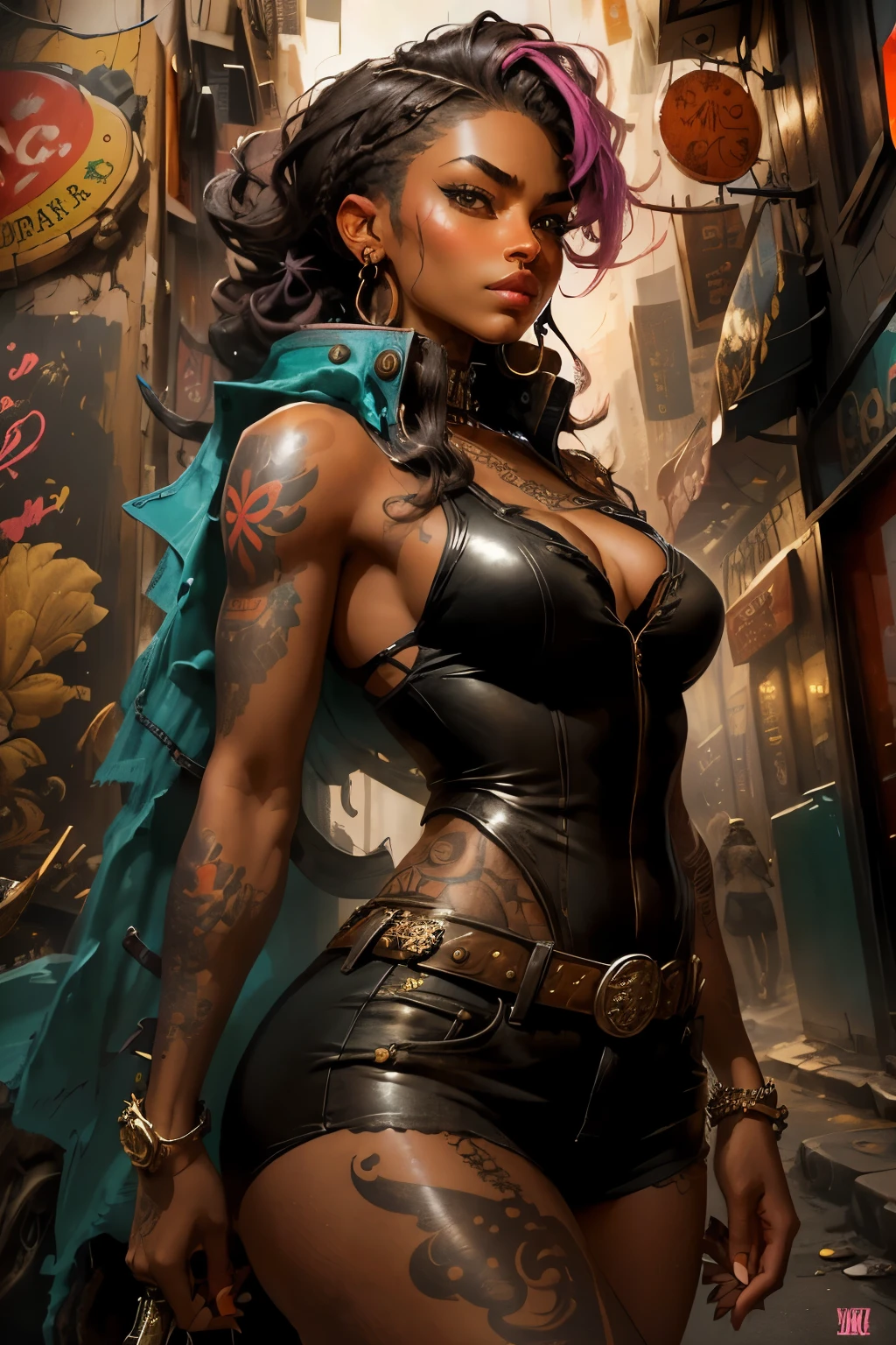 In the heart of a bustling city, a gritty and vibrant image unfolds. The main character, a strong and confident woman, stands prominently in the frame. Her unique dolman suit, a blend of urban chic and vintage flair, contrasts sharply with her colorful, eclectic hair. Tattoos adorn her arms, telling stories of her past and her rebellious spirit. Her faces is marked with distinctive features, a testament to her authenticity and unapologetic nature. By her side, a sign for her new business catches the eye: "Cannabis Candy Co."
The scene is set on a street corner, where the sweet aroma of marijuana