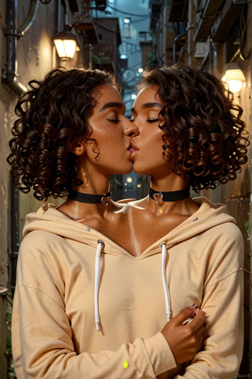score_9, score_8_up, score_7_up, Beautiful Lighting, curly hair, short hair, (outdoors, alley:1.3), black choker, hoodie, tan skin, freckles, 2heads, twoheads, upper body, kiss,