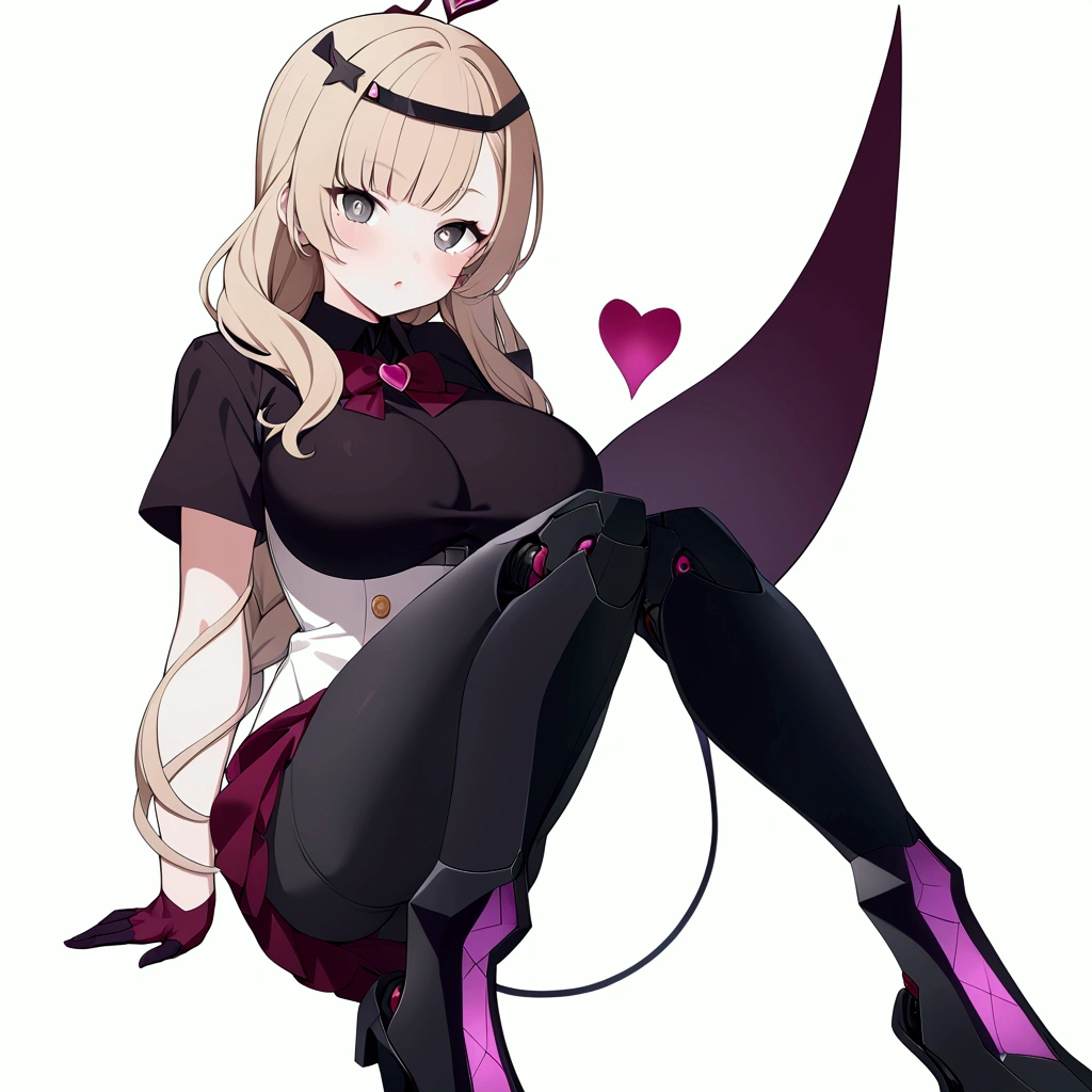 Woman 170cm tall, big chest, wide hip, charming look, (dark blonde hair), ((hip length loose wavy hair, asymmetrical bangs, a star hairpin in her hair)), (a short braid on the left and right side of the hair above the breasts), ((Gray eyes with a pink 4-pointed star in the pupil)), (two black fox ears located on the top of the head), (black halo with luminous purple on the head), ((It has a small black succubus tail that ends in the shape of a Vinotinto heart)), (((It has complex mechanical legs that reach up to the thighs., the legs are dark gray with burgundy and black parts))), (elegant thigh-length one-piece dress, small Vinotinto bowtie on the neck of the dress, white bust with vertical black lines, ruffles in the middle of the bust, ruffled skirt, short sleeves with ruffles, ribbon decorations on the dress), elegant Vinotinto gloves with white ruffles, Black platform heels, (gray belt at the waist with a large ribbon with a luminous pink heart in the middle), black necklace with a heart pendant on the neck, (((character design sheet: front view))), ((whole body)), extremely detailed beautiful hair, beautiful detailed dress, extremely detailed arms, extremely detailed face, (Extremely detailed hands), perfect hands, small face, Beautiful detailed eyes, beautiful detailed lips, adorable, extremely detailed legs, (Best Quality, 8k, high resolution), ultra detailed, Exquisite character art, ((White background)), (Focus on symmetry), (beautiful detailed succubus tail), (only one woman in the picture).