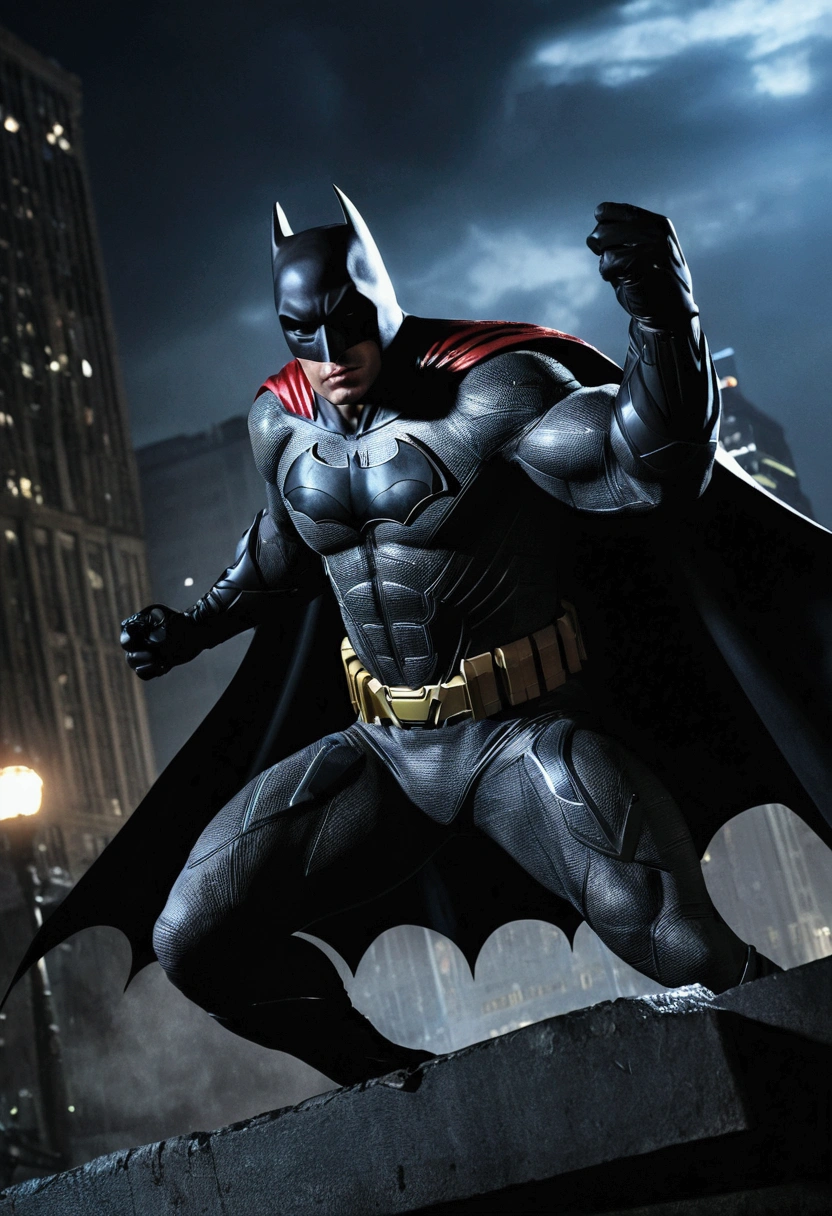 score_9, score_8_up, score_7_up, masterpiece, detailed, dynamic, epic battle, Batman, Superman, combat, action scene, dramatic lighting, Gotham City, night, high contrast, powerful poses, intense expressions, cape flowing, muscular, realistic, highly detailed