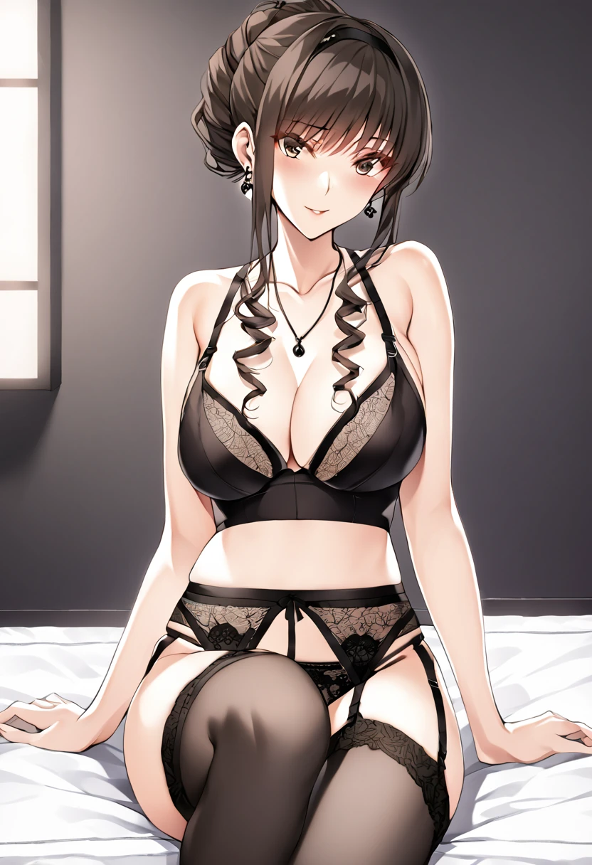 See through, Fancy black underwear　Soapland　Black Stockings　Shy and seductive look　sexy　Sit on the mat　office lady　Japanese women　Manga illustration　Beautiful breasts　the body is slim　Highest quality　4K Chignon Hairstyle　Light brown black hair　hair ornaments　Fancy Necklace　The background is a dimly lit bathroom. Simple Background　Seductive pose　garter belt　Earrings　　　Entertainment　